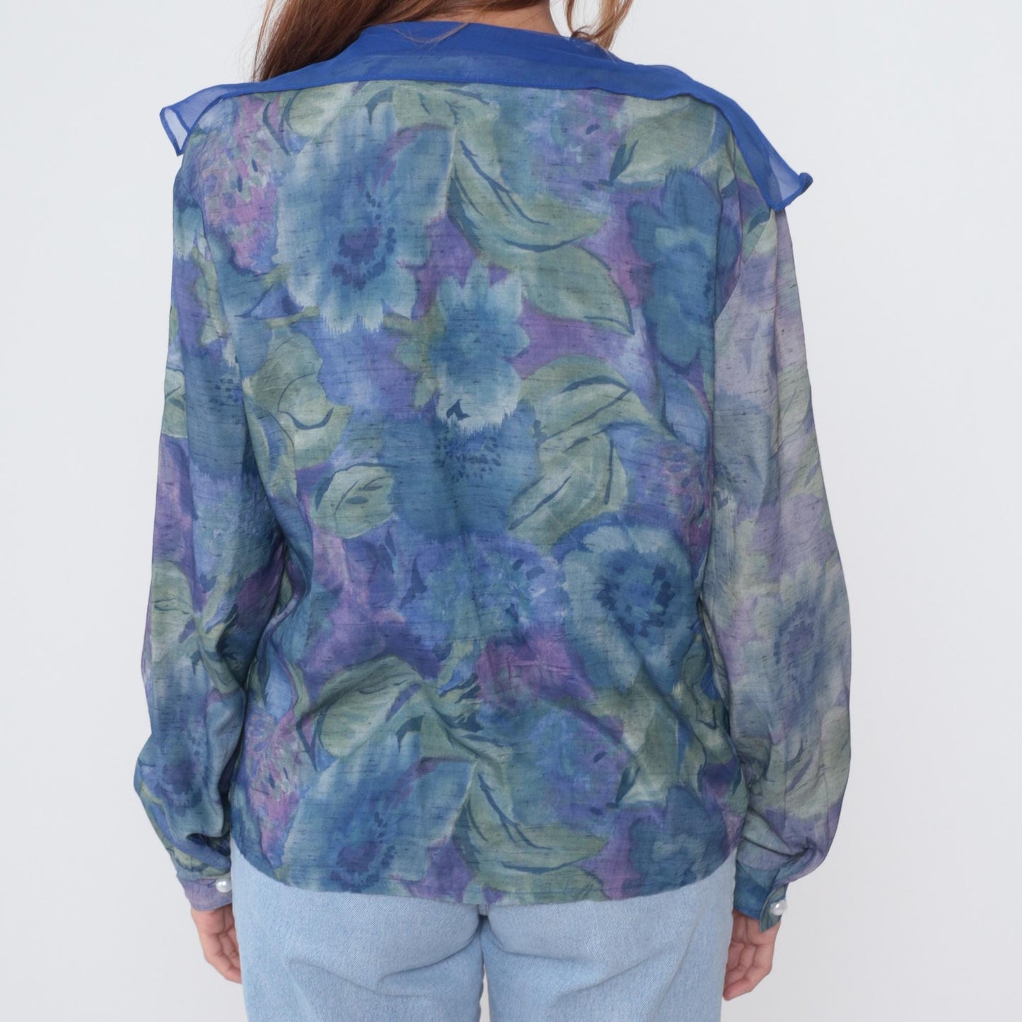90s Marie St Money Watercolor Floral Button-Down Blouse Blue Purple Large L