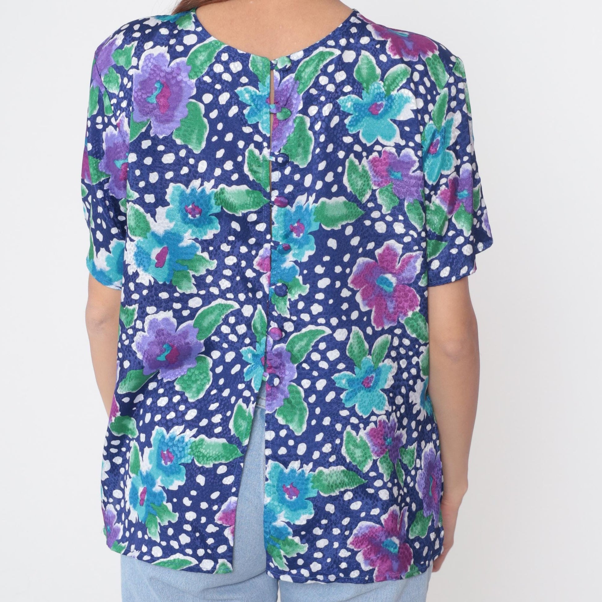 90s Sybil California Floral Polka Dot Blouse Navy Short Sleeve Medium