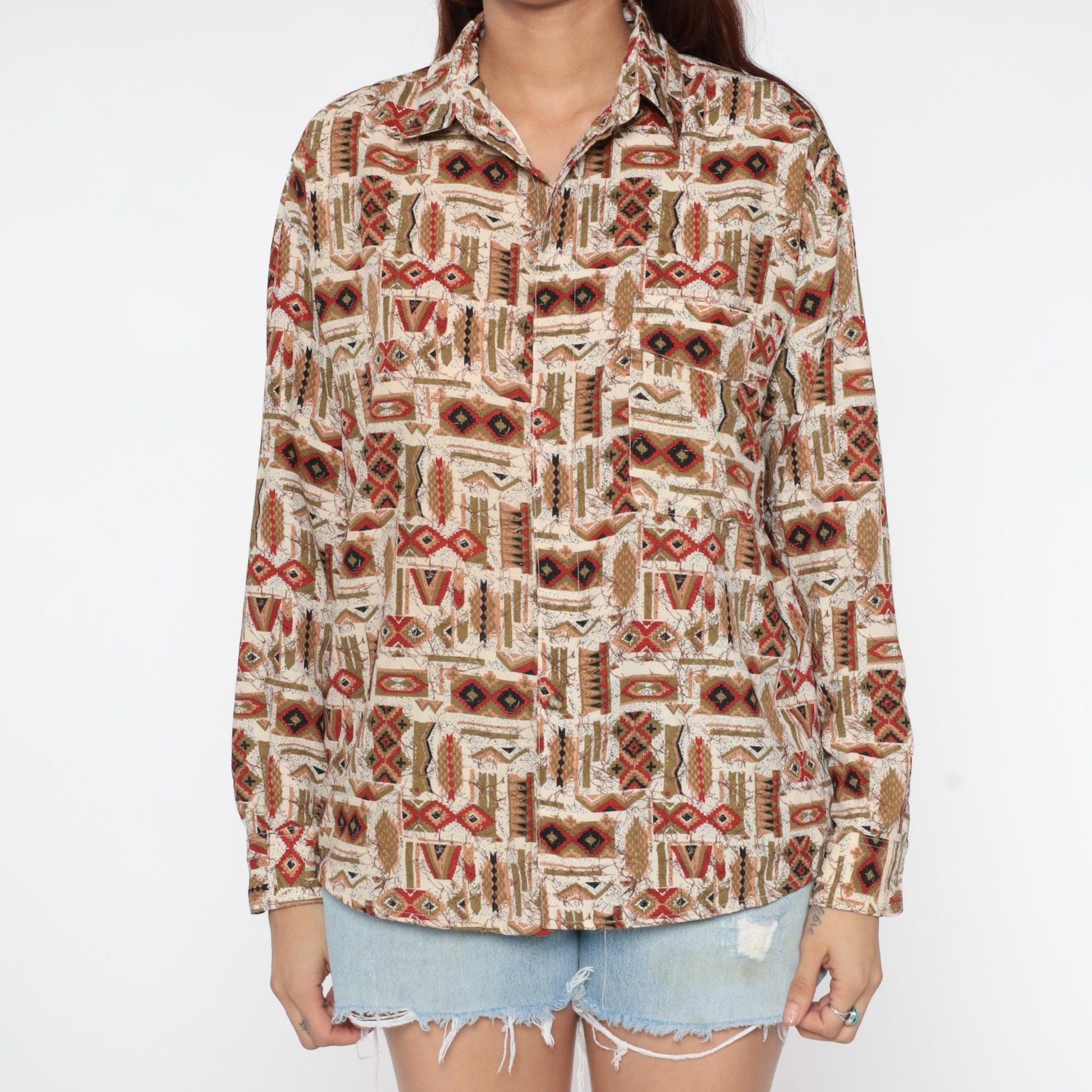 90s Tribal Geometric Button-Up Shirt Cream Rust Red Navy Olive Small
