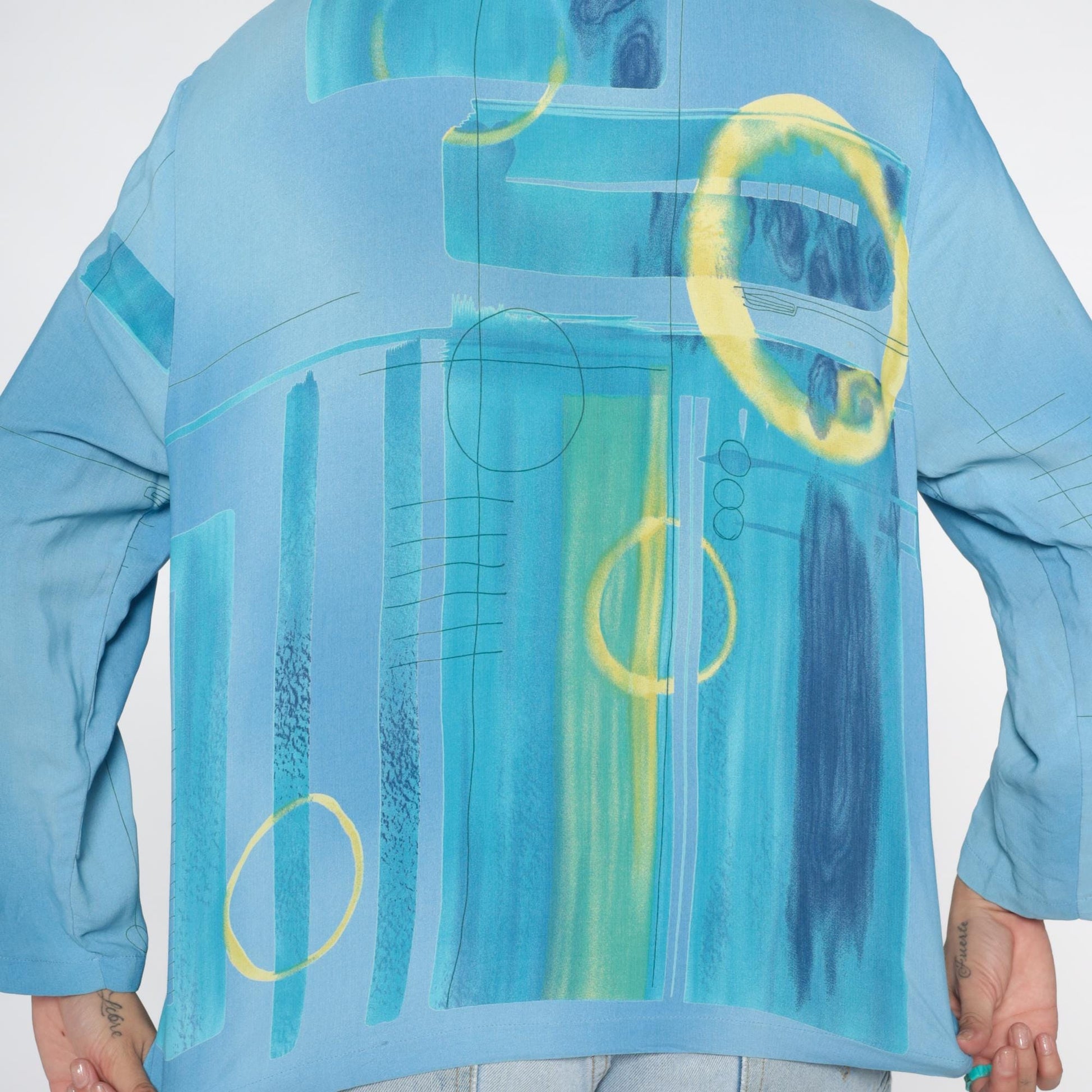 90s Nino Wong Geometric Watercolor Button Blouse Blue Rayon Medium M