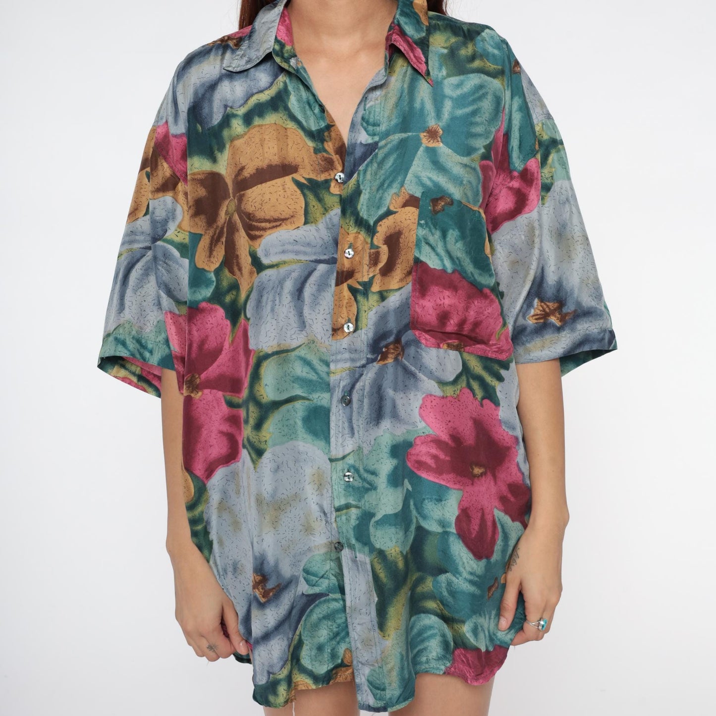 90s Silk Hawaiian Shirt Floral Print Teal Pink Blue Gold Extra Large XL