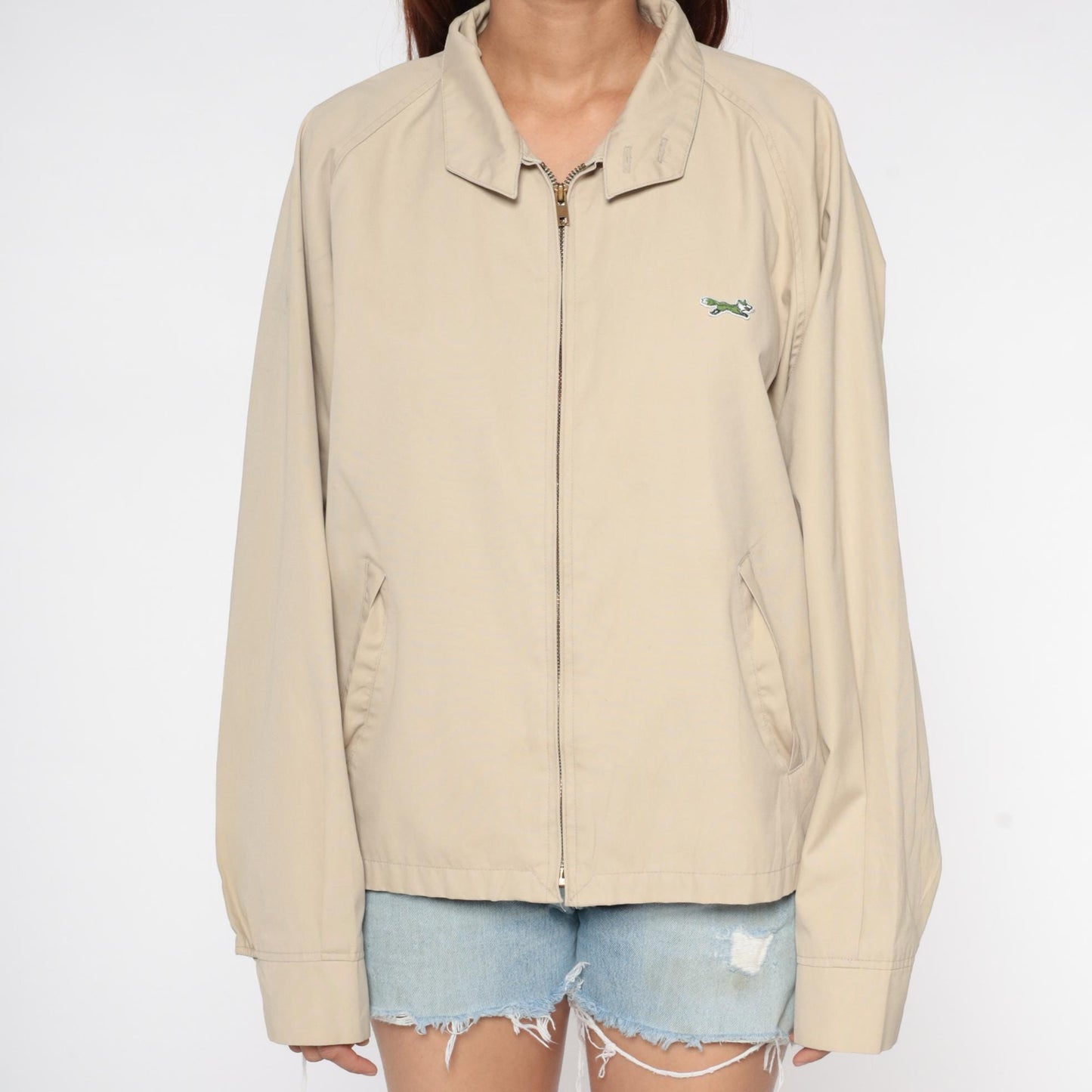 80s The Fox Beige Zip-Up Jacket Pointed Collar Embroidered Logo Medium