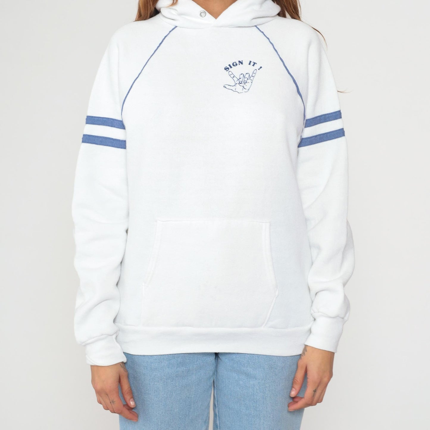 80s Jerzees Sign Language Hoodie White Blue Varsity Raglan Large