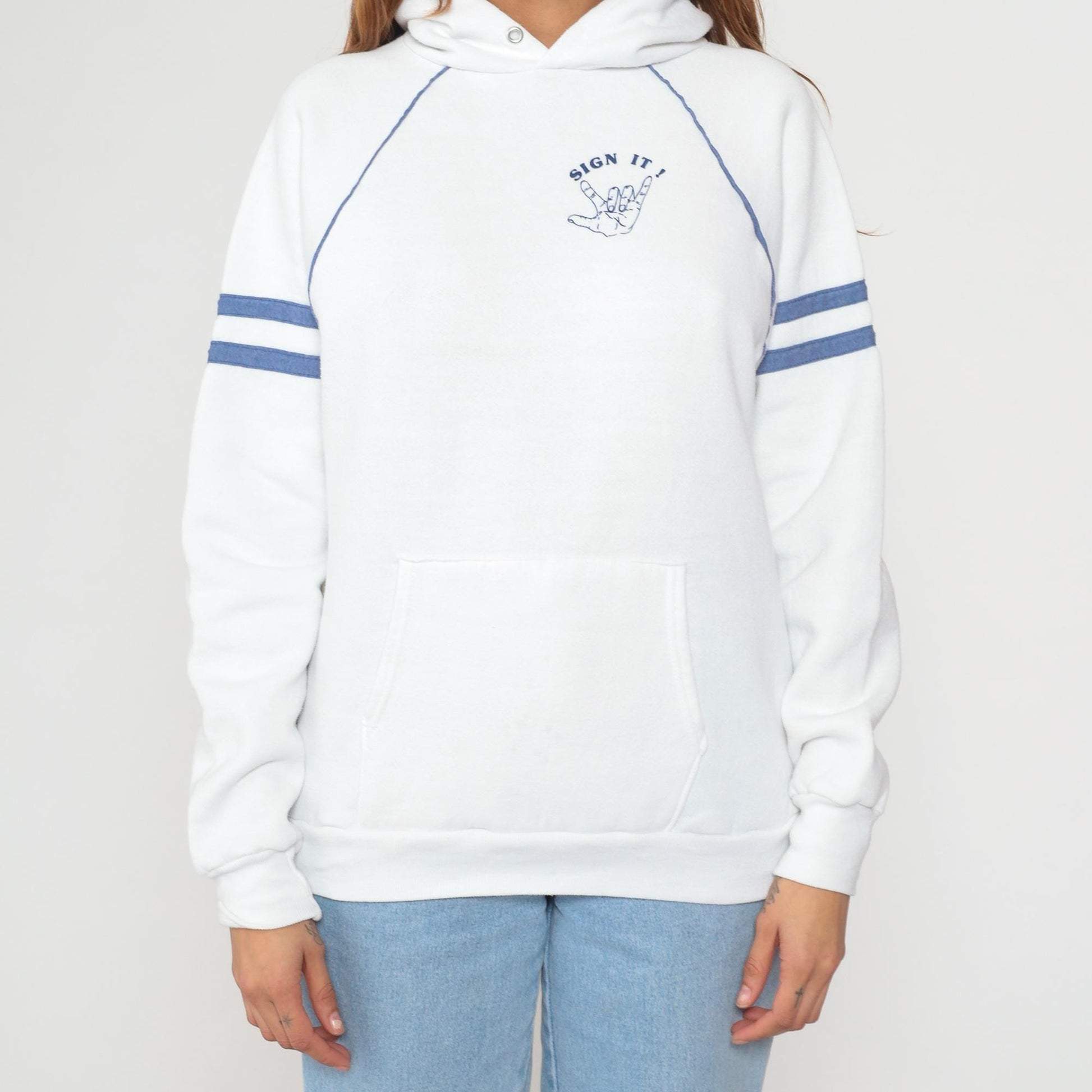 80s Jerzees Sign Language Hoodie White Blue Varsity Raglan Large