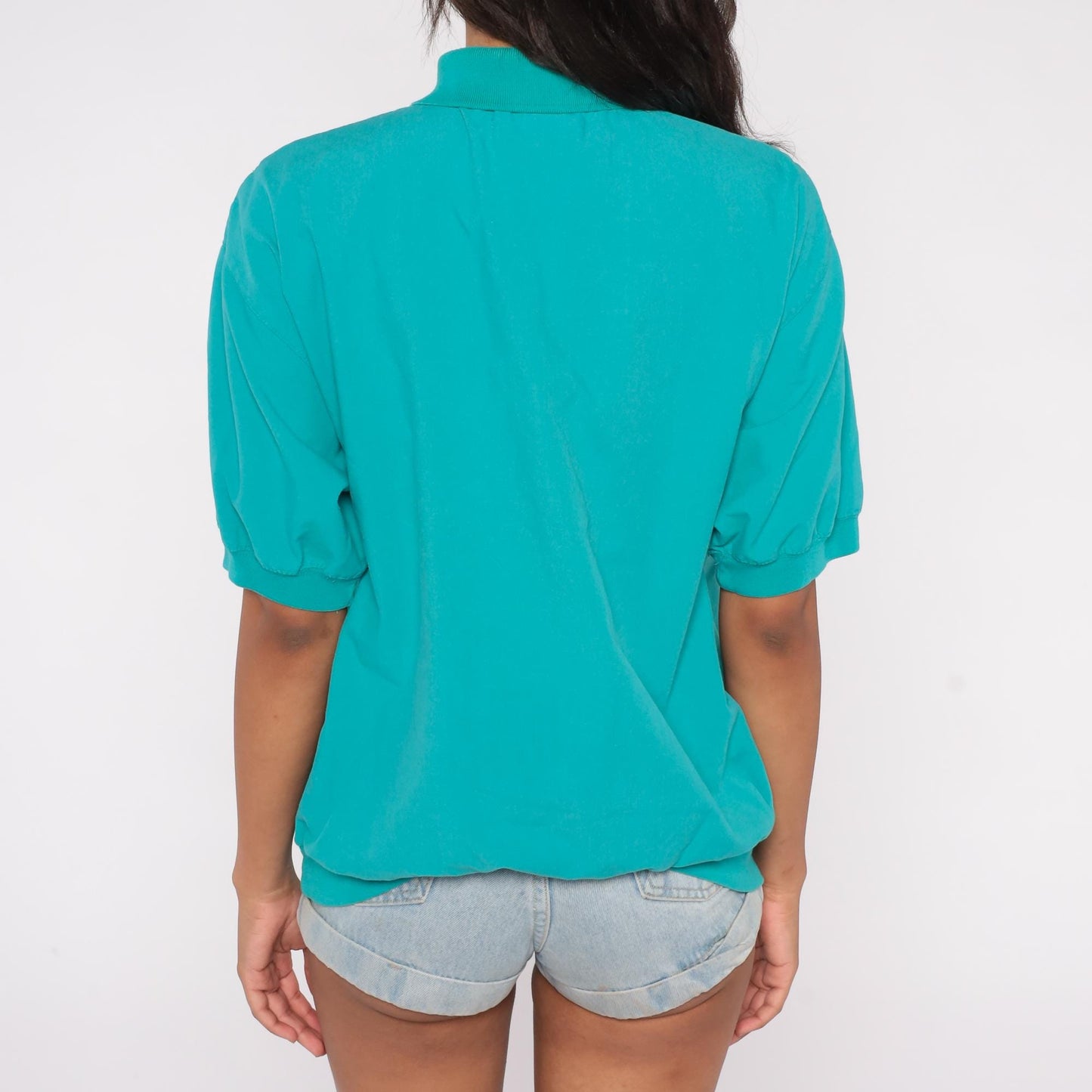 90s Teal Textured Polo Shirt Collared Short Sleeve Button Front Medium
