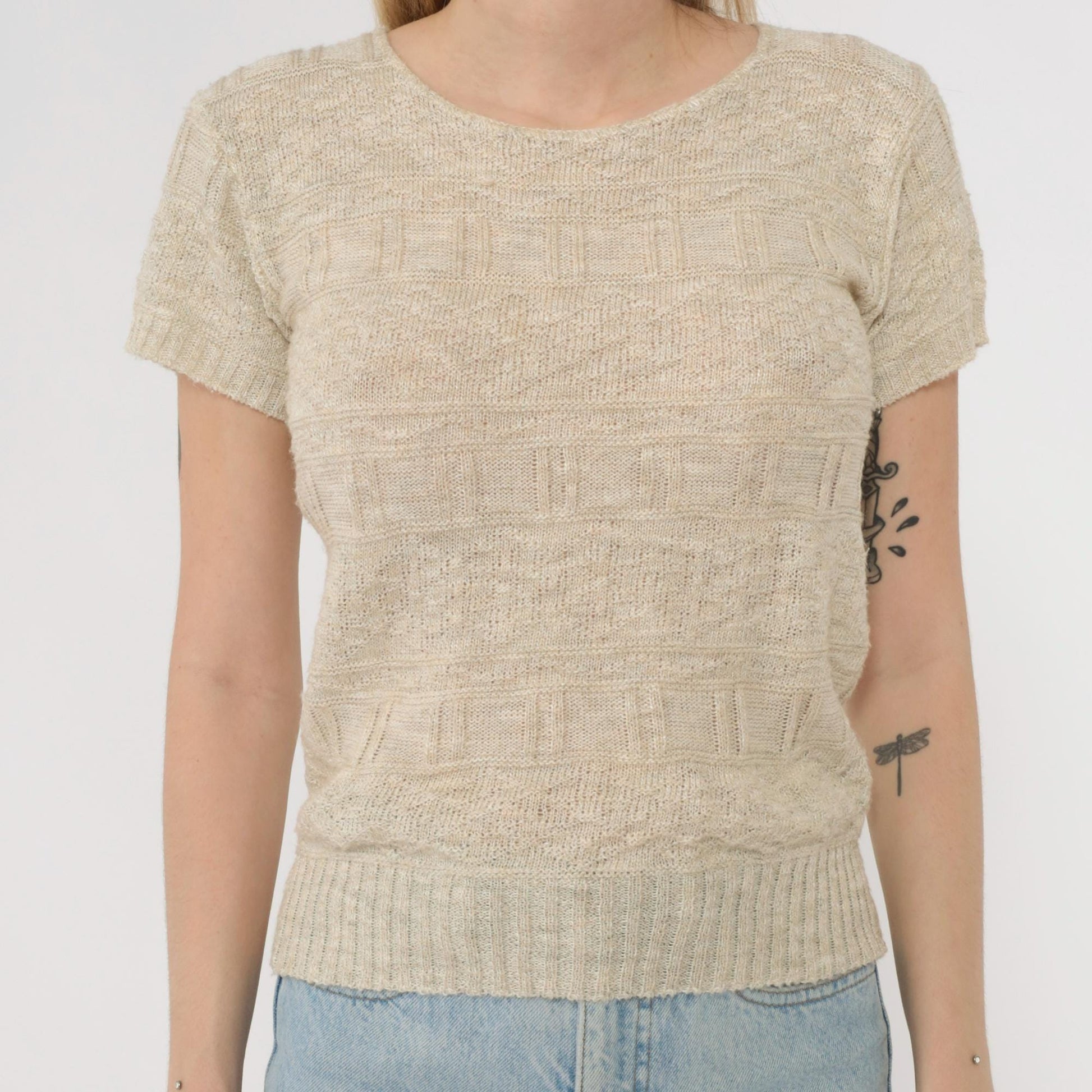 80s Cream Knit Sweater Textured Short Sleeve Crew Neck Fitted Pullover Small S