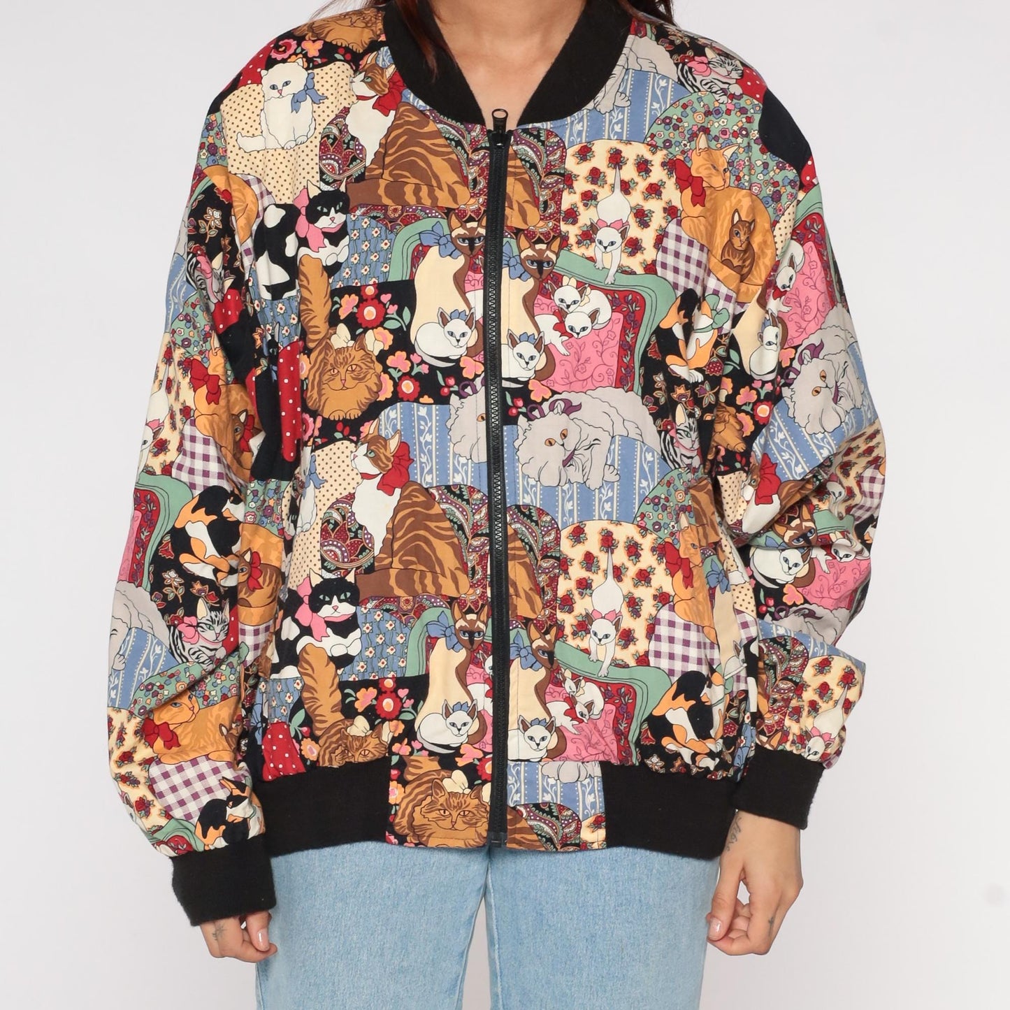 90s Infinity Chic Reversible Bomber Jacket Cat Farm Print Cotton