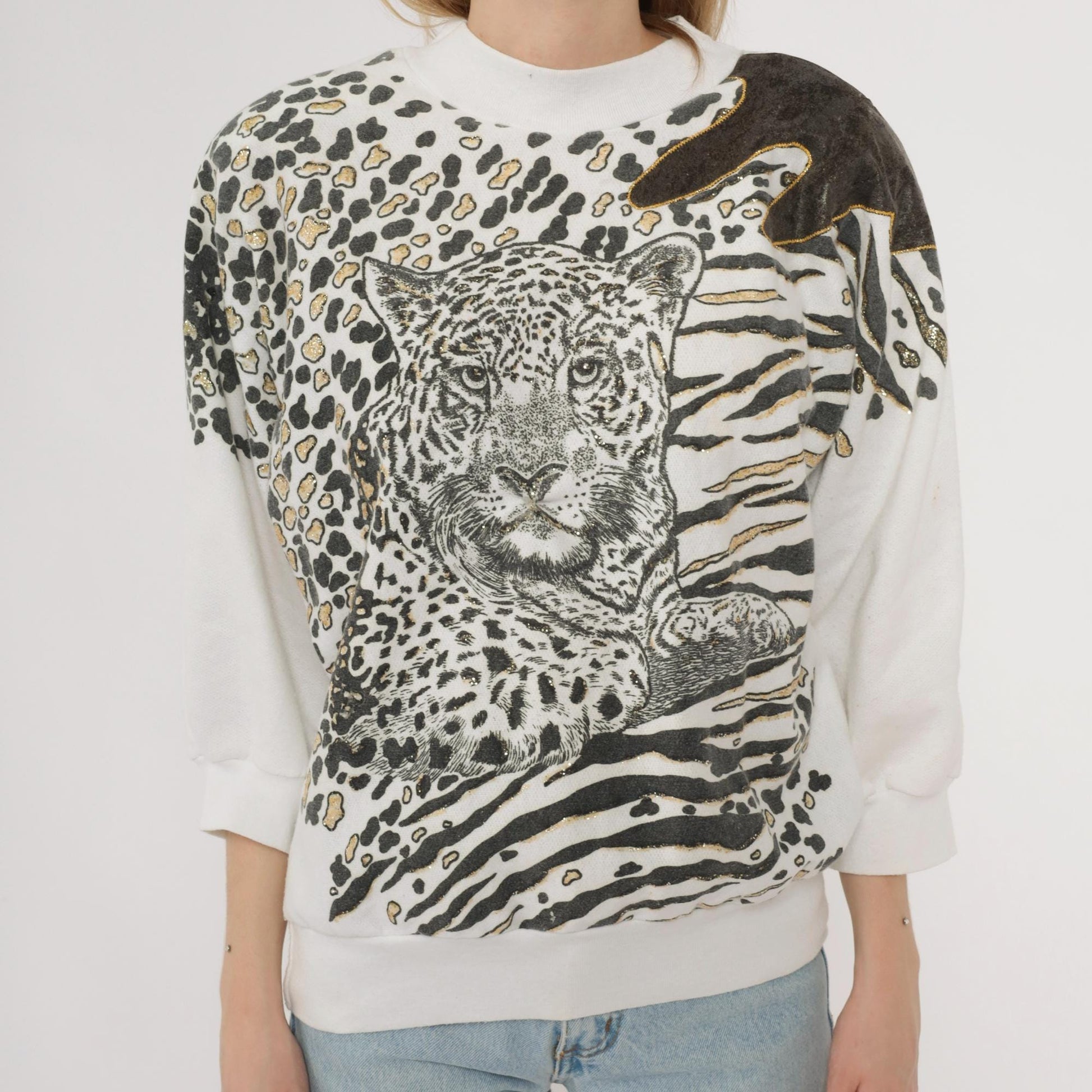90s Leopard Animal Print Sweatshirt Gold Glitter Crewneck Cotton Large L