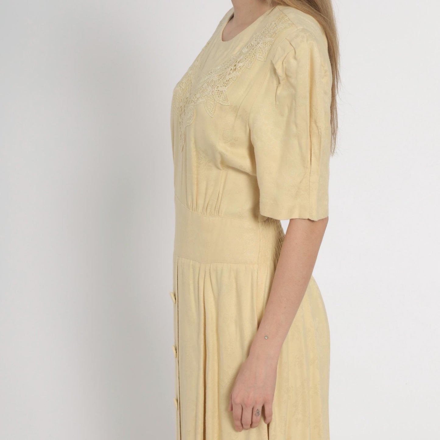 90s Karin Stevens Yellow Maxi Dress Embroidered Lace Smocked Waist Small