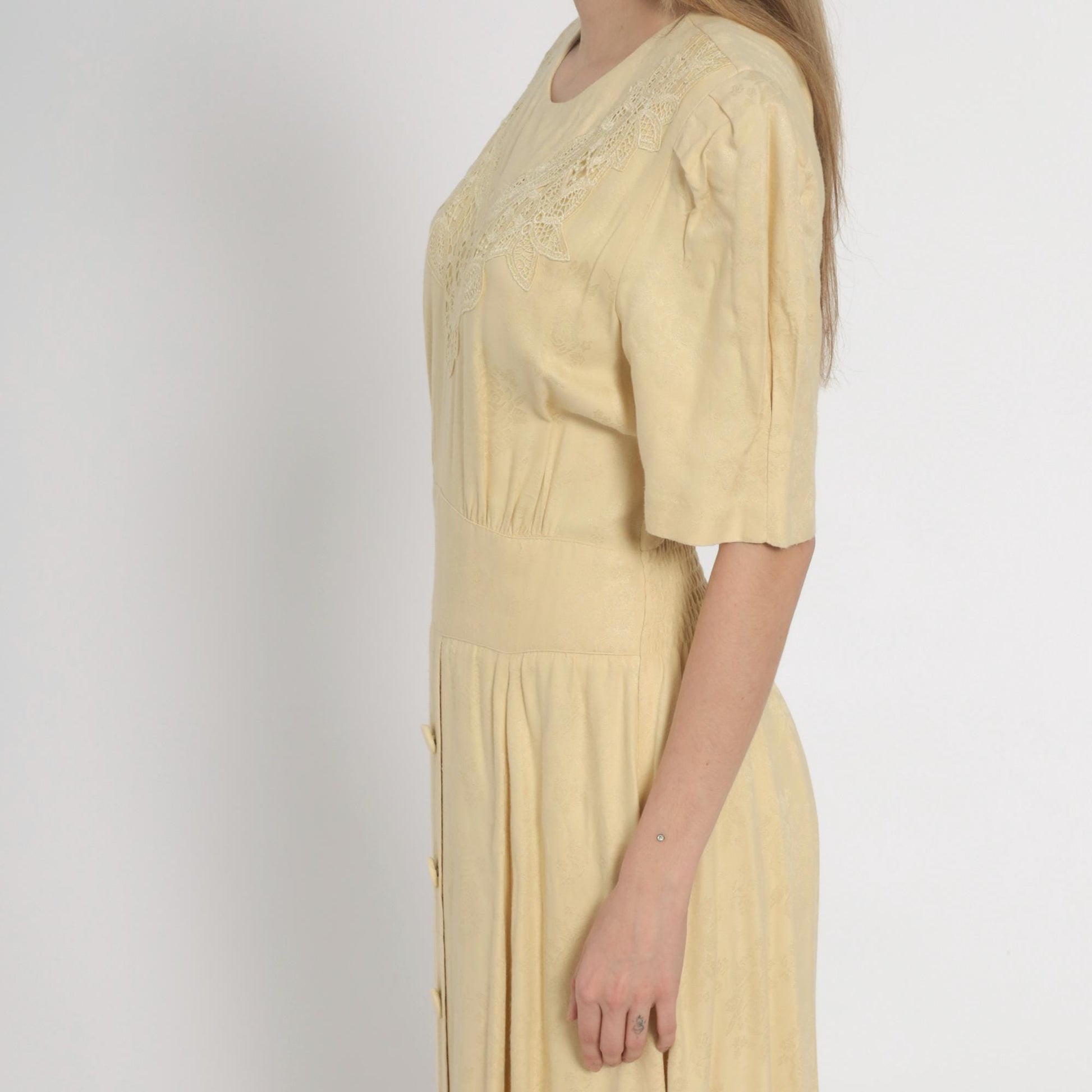 90s Karin Stevens Yellow Maxi Dress Embroidered Lace Smocked Waist Small