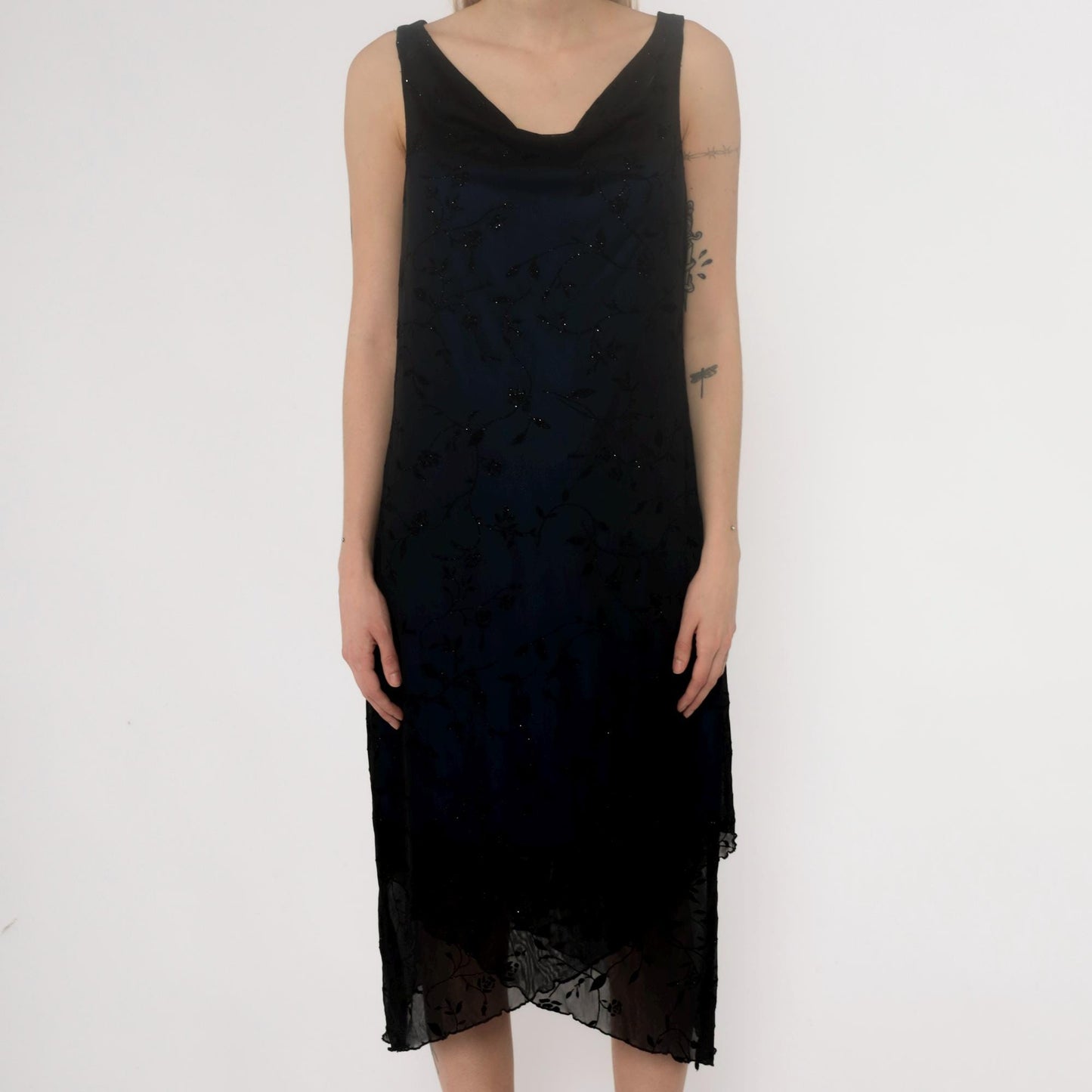 Y2K Black Slip Dress Sparkle Floral Cutout Back Strappy Large L