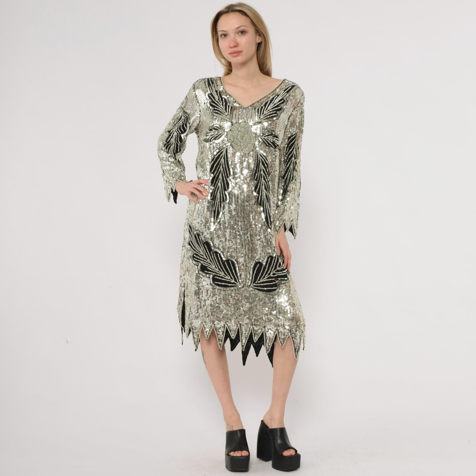 90s Silver Sequin Midi Dress Art Deco Leaf Pattern Silk V-Neck Long Sleeve Medium M