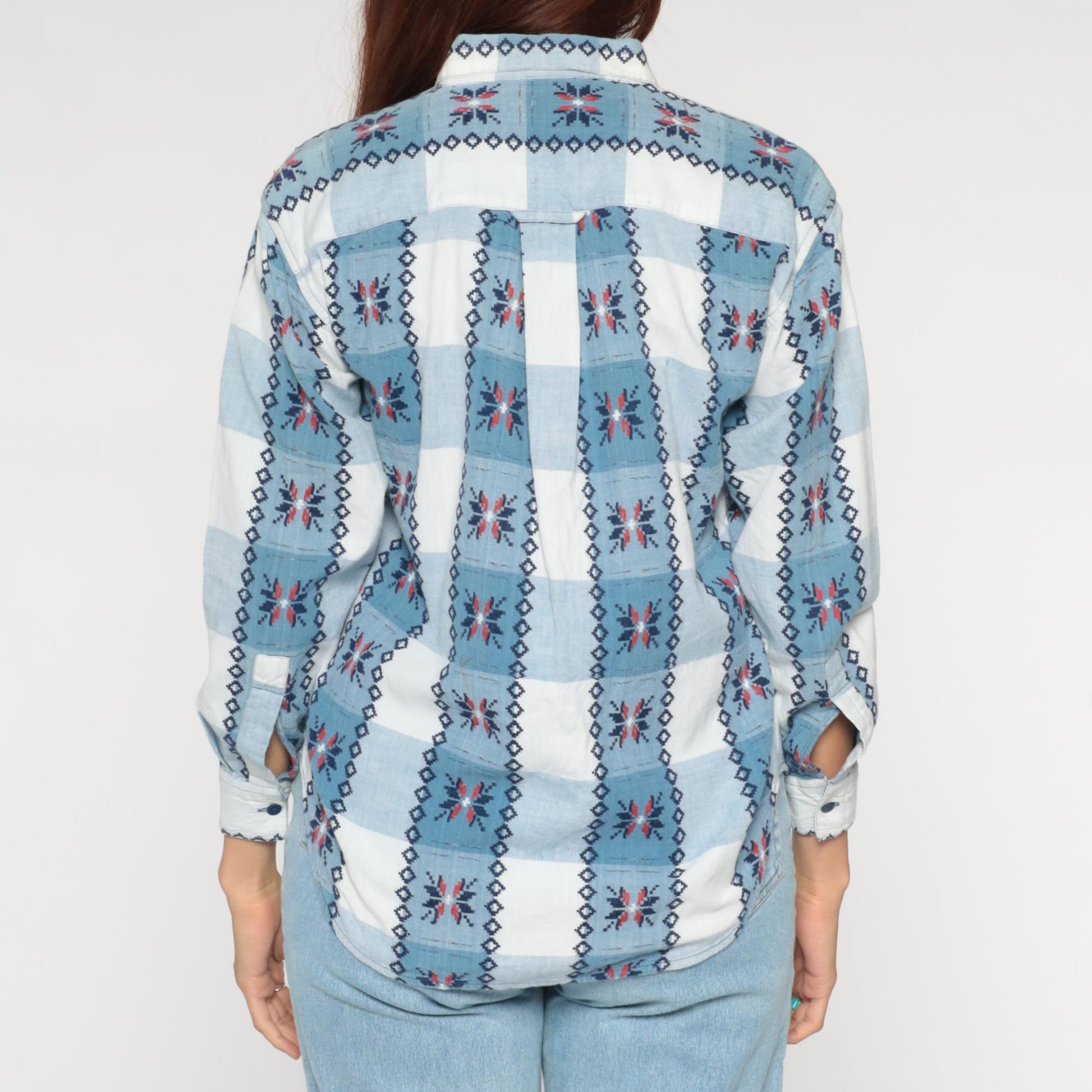 90s Keren Hart Southwestern Plaid Button Up Shirt Blue White Small S