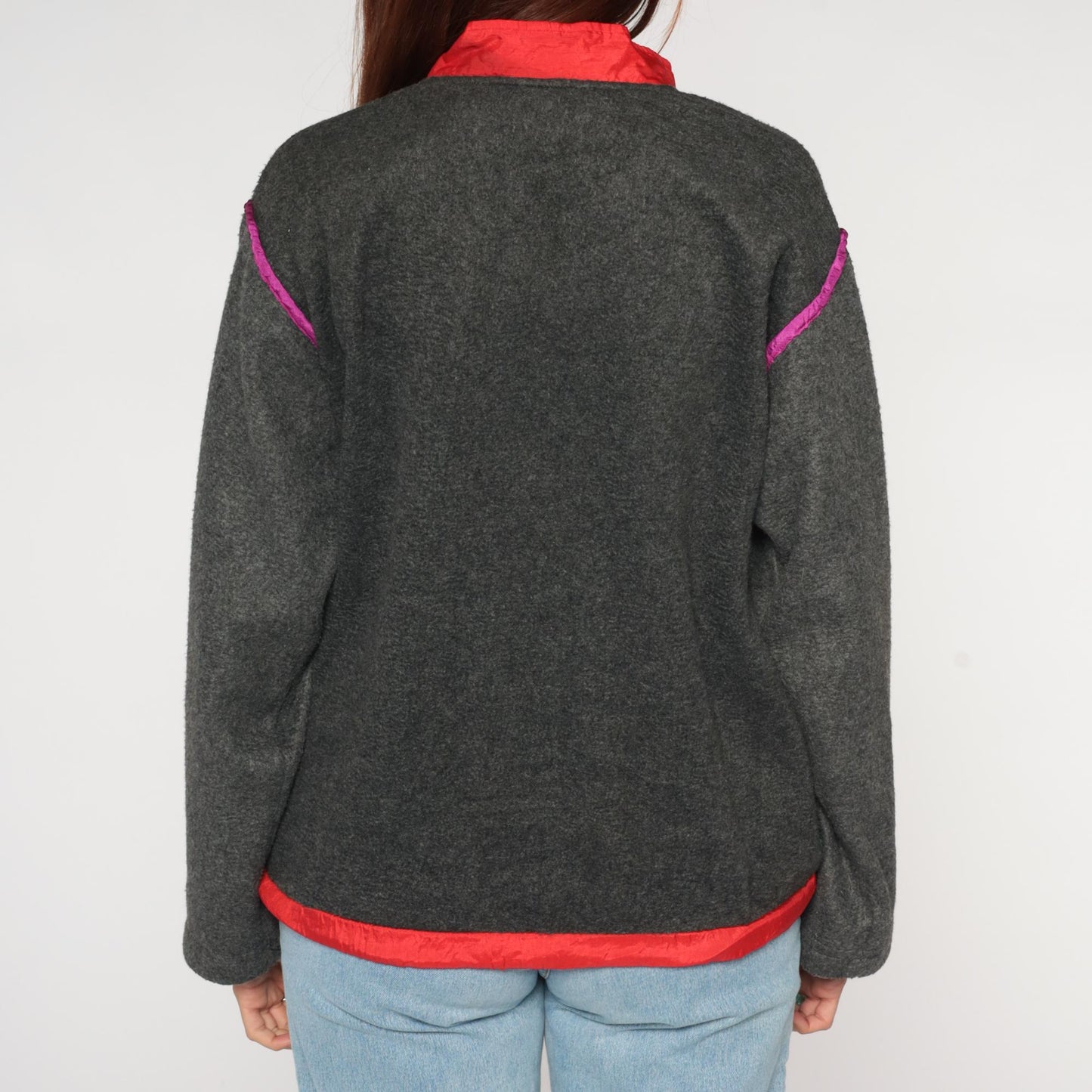 90s Jacques Moret Colorblock Fleece Pullover Grey Red Pink Quarter Zip Small