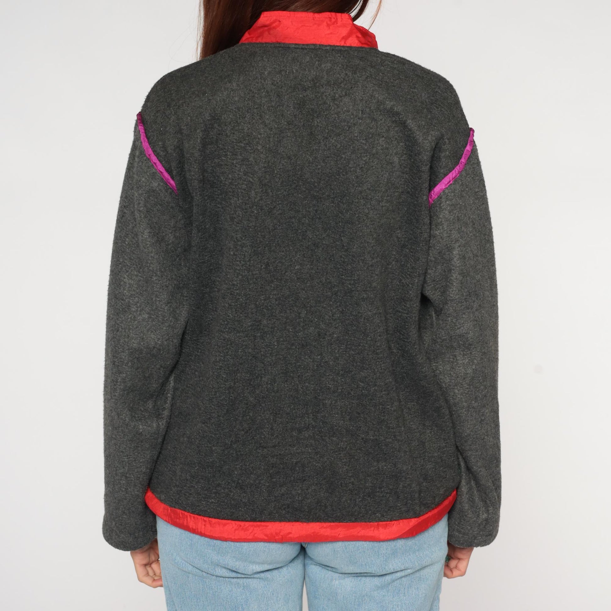 90s Jacques Moret Colorblock Fleece Pullover Grey Red Pink Quarter Zip Small
