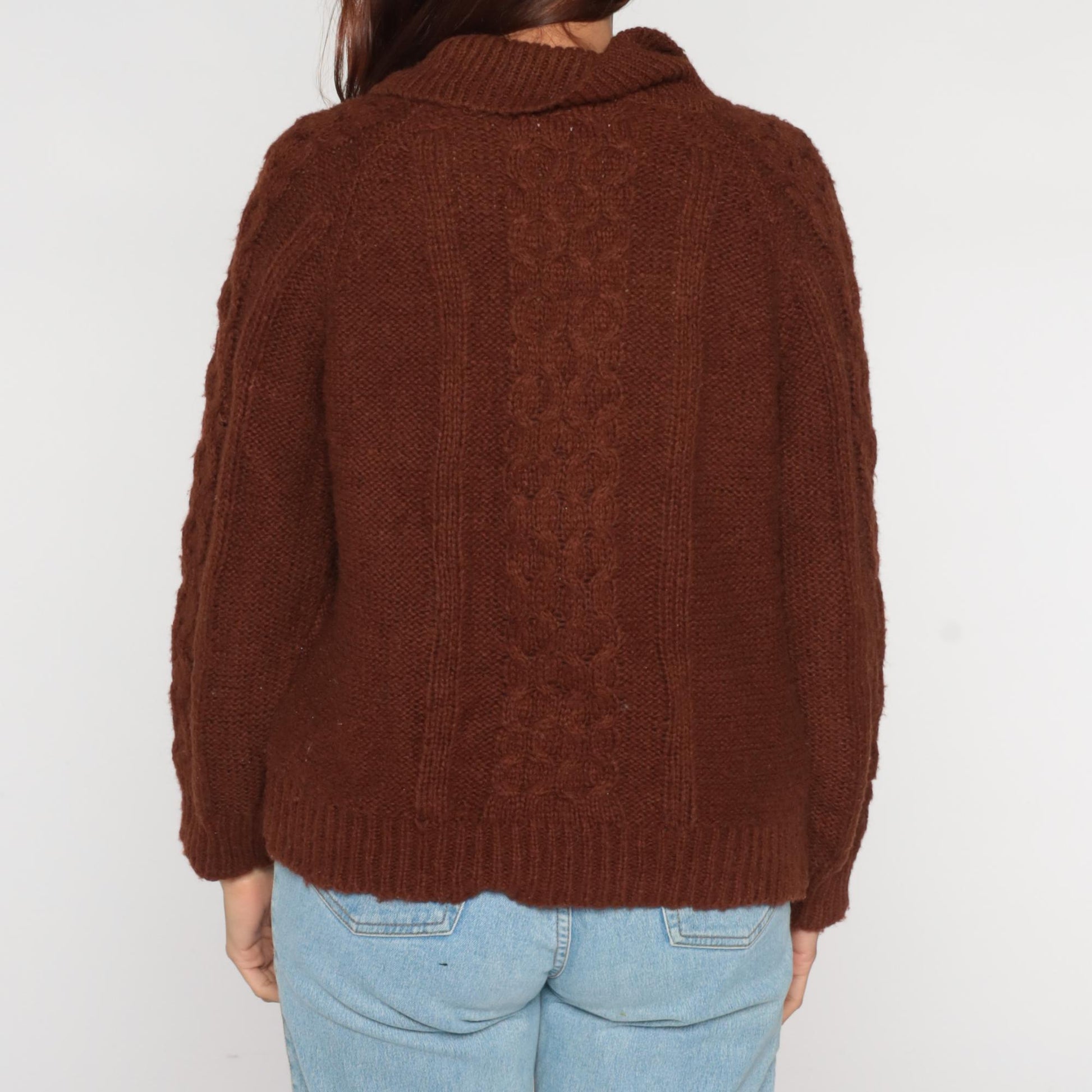 70s Rochelle California Brown Cable Knit Sweater Collared Medium M