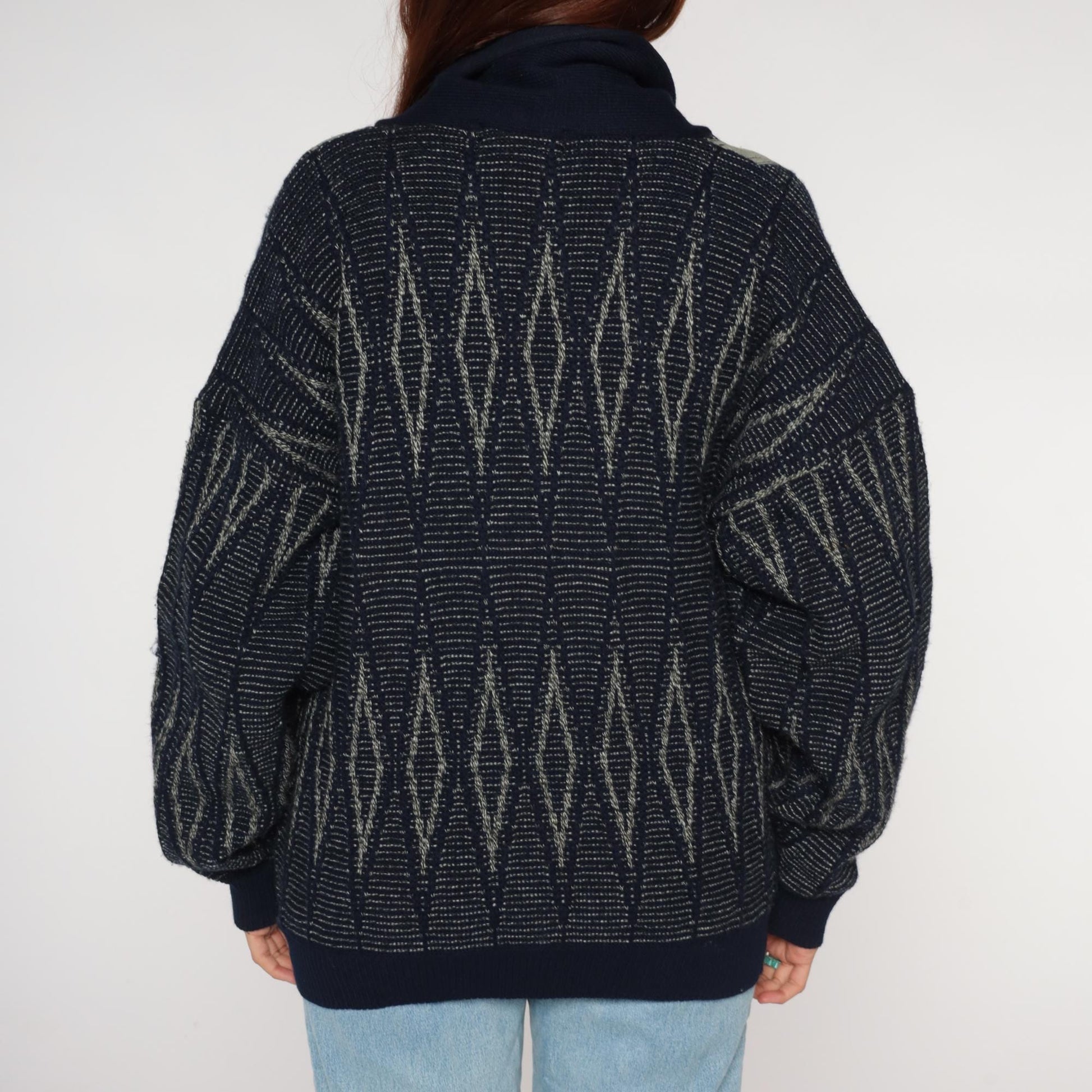 90s J Bar-Lun Navy Grey Geometric Knit Cardigan Double Breasted Large L