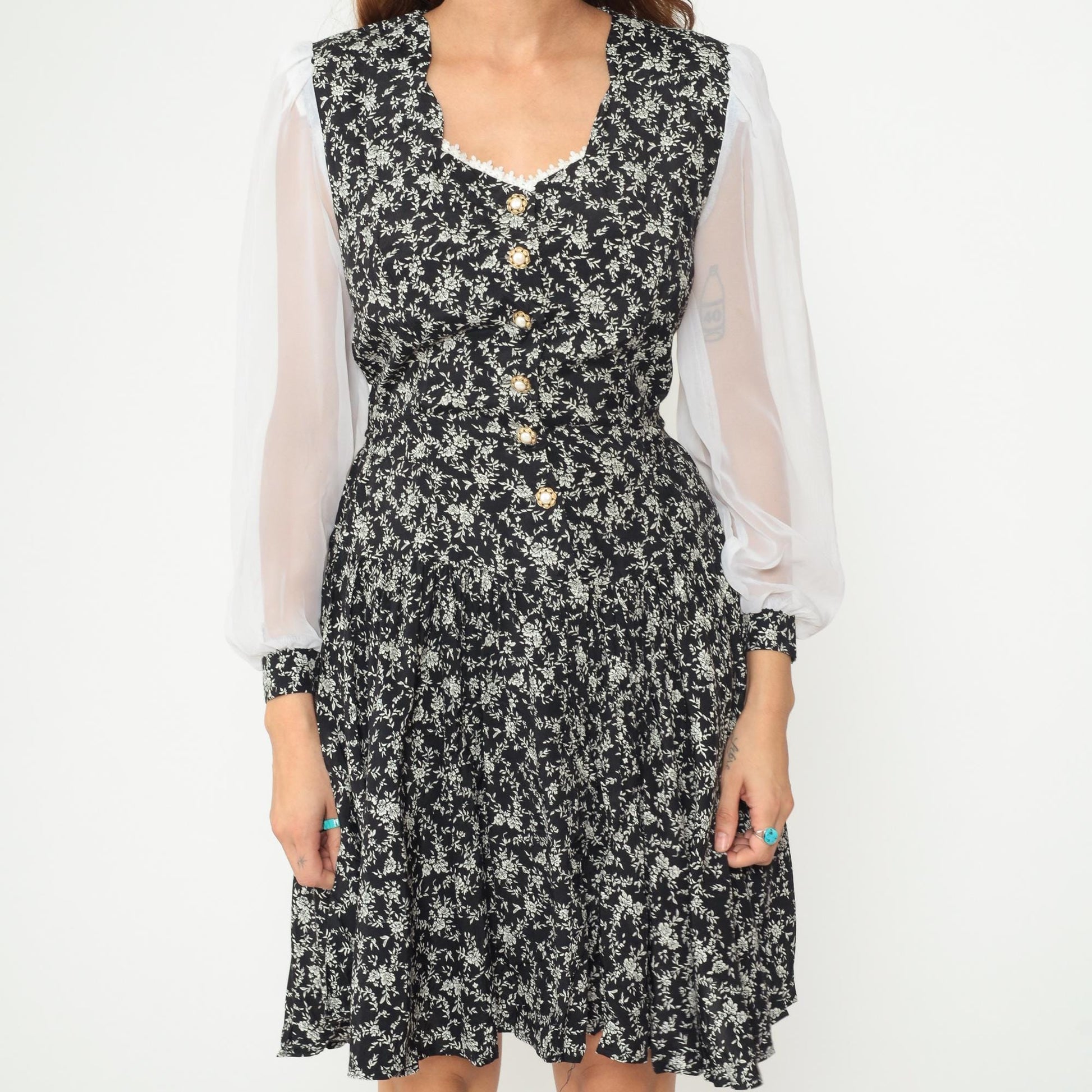 90s Timing Black Floral Dress White Contrast Sleeves Pearl Buttons Knee Length Medium M