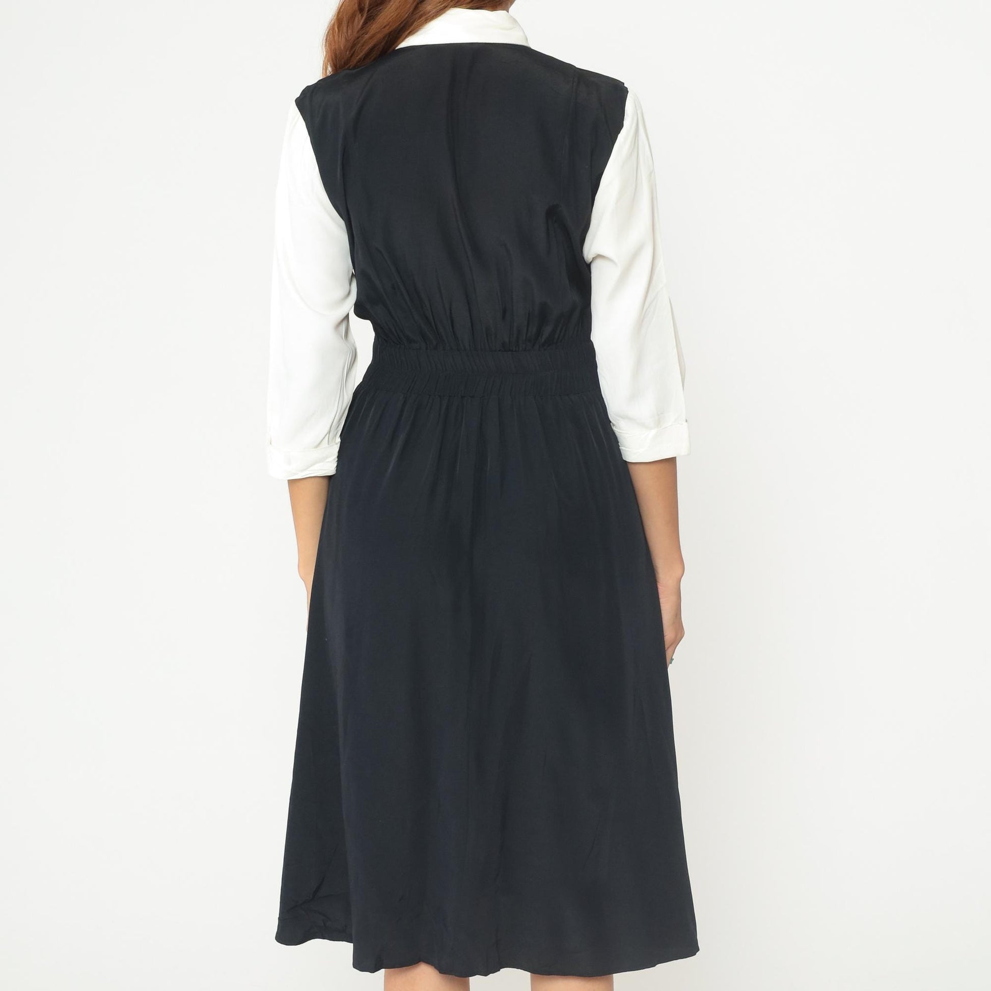 1990s Piccolino Petites Black Midi Jumper Dress Gingham Tie Attached Shirt XS