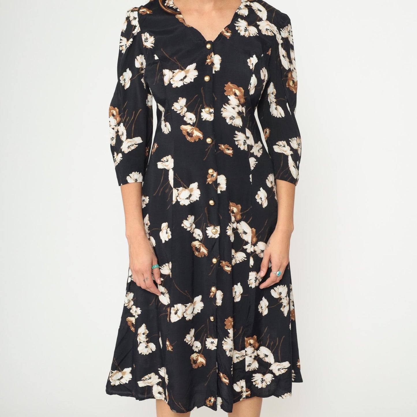 90s Caroline Wells Black Floral Midi Dress Pearl Buttons Lace-Up Back Medium