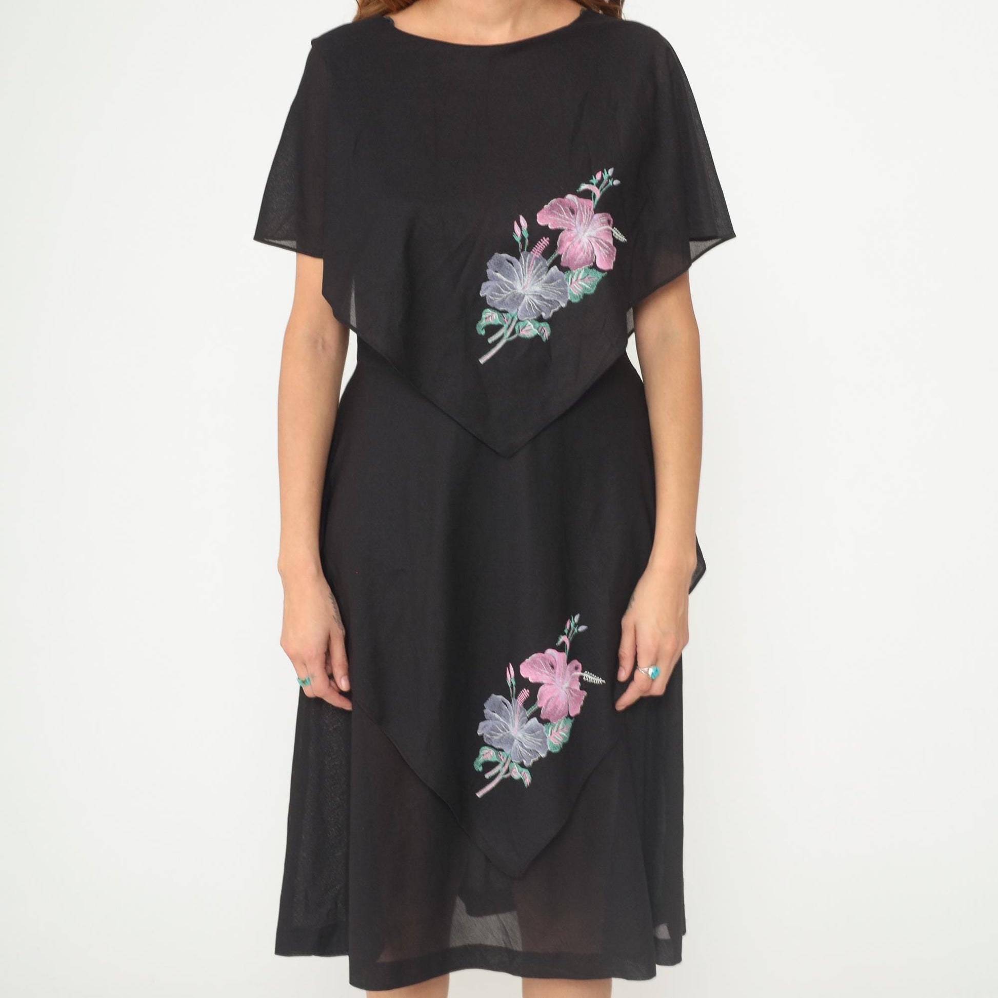 80s Black Tropical Floral Tiered Capelet Midi Dress Flutter Sleeve Medium