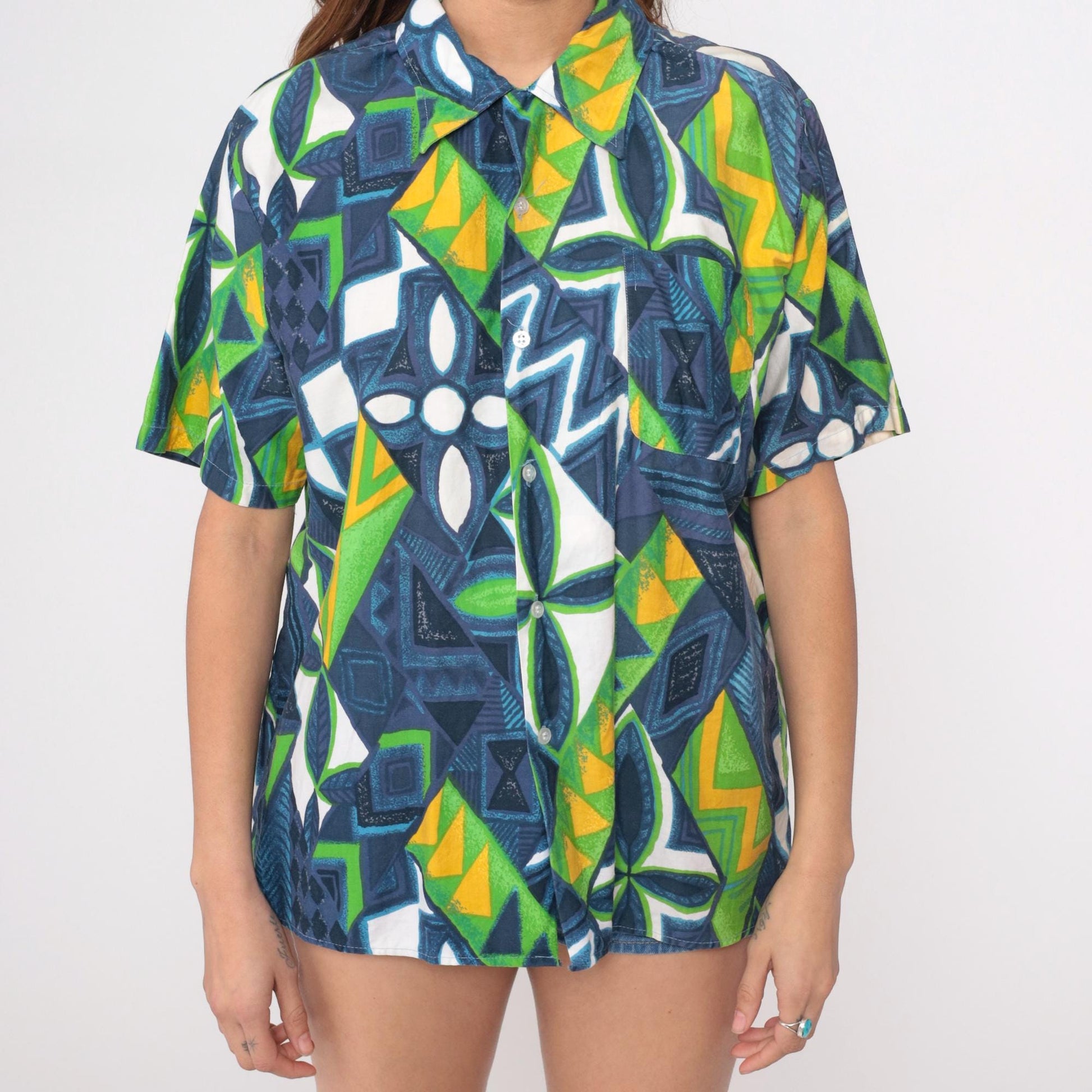70s Hawaiian Shirt Geometric Abstract Print Button Front Cotton Blue Green Large