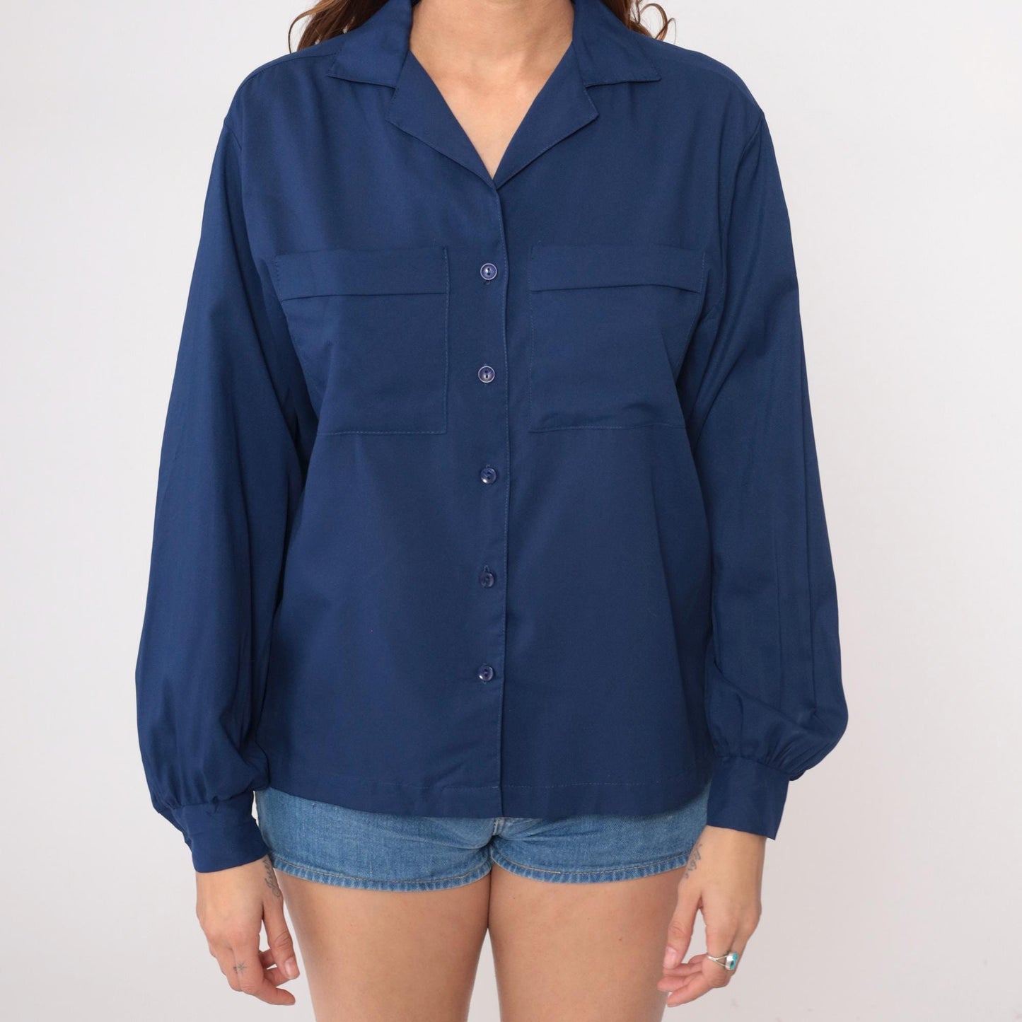 70s Judy Bond Navy Button-Up Shirt Notched Collar Long Sleeve Medium