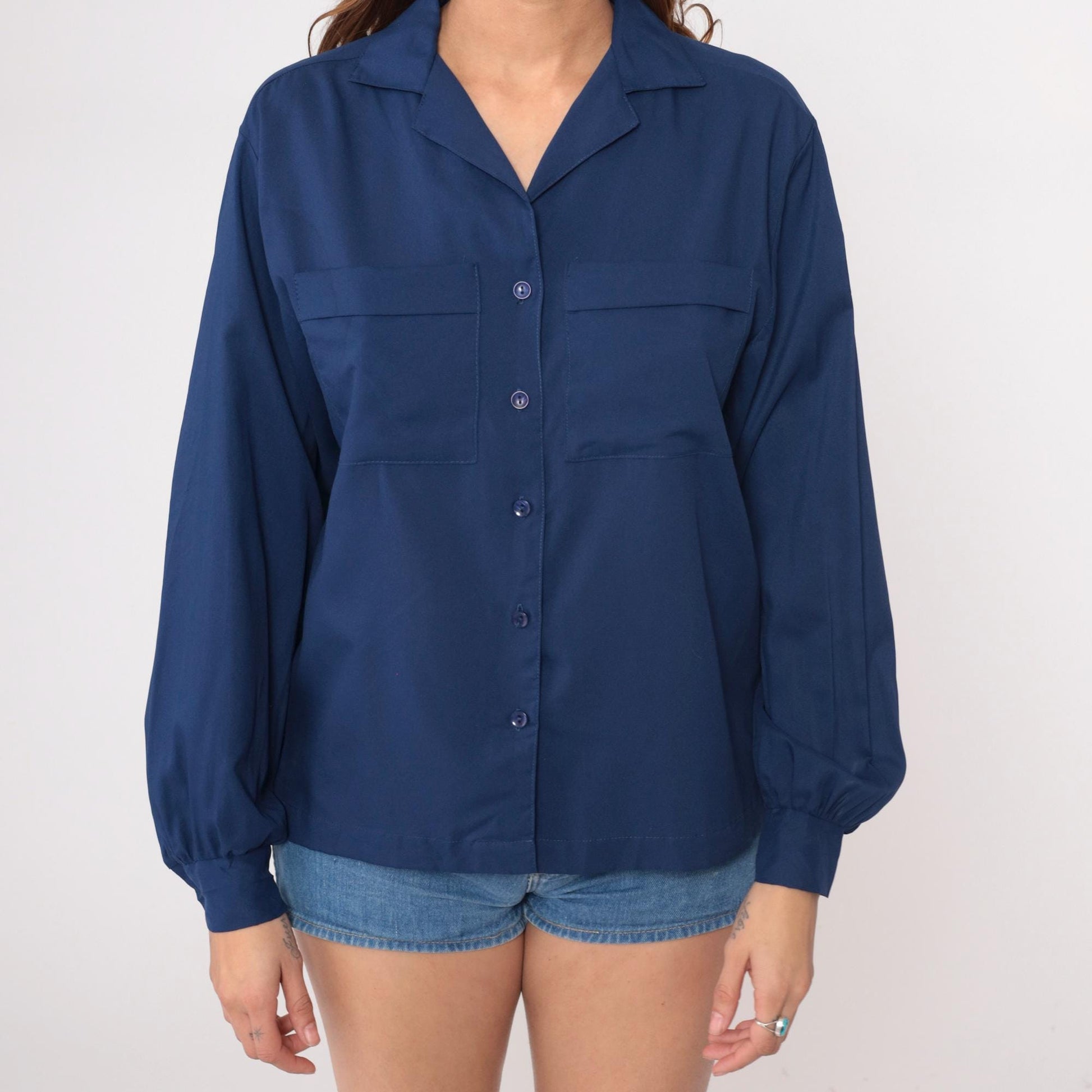 70s Judy Bond Navy Button-Up Shirt Notched Collar Long Sleeve Medium