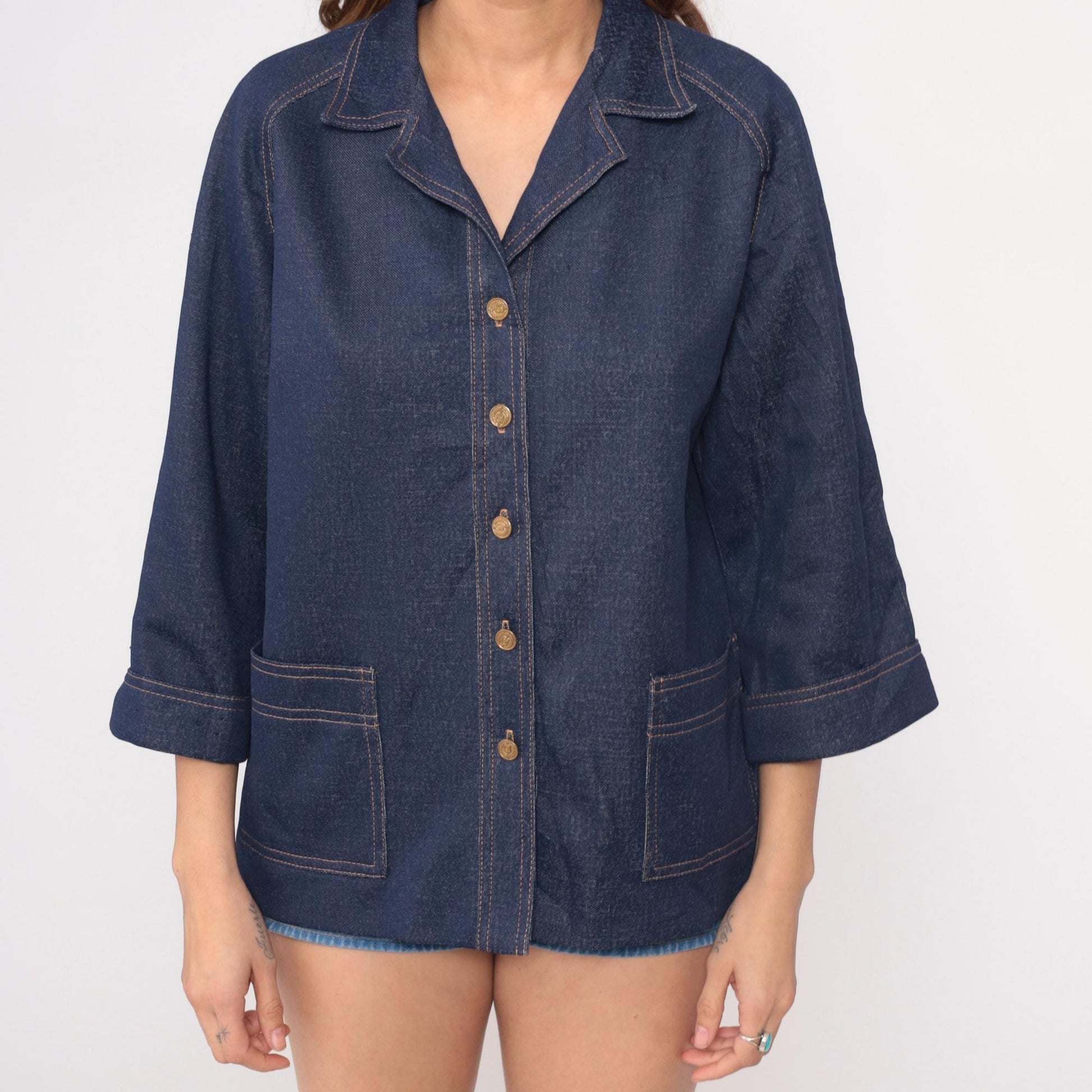 70s Graff Denim Blazer Dark Blue Wide Collar Gold Buttons Three Quarter Sleeve Medium
