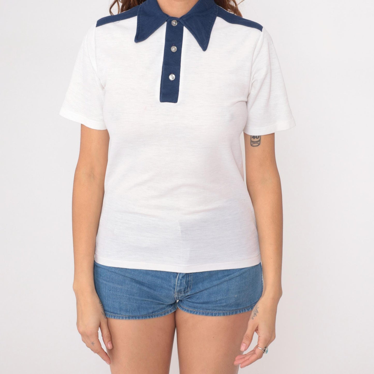 70s Macy's Pro Shop Polo Shirt White Navy Collar Stripes Medium M