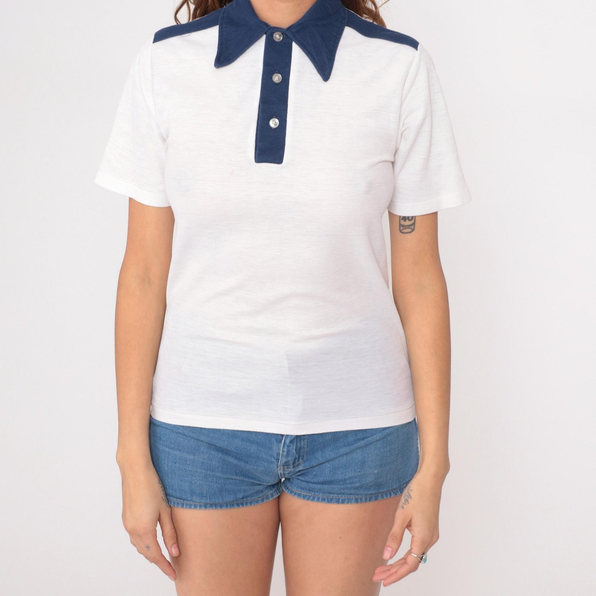 70s Macy's Pro Shop Polo Shirt White Navy Collar Stripes Medium M