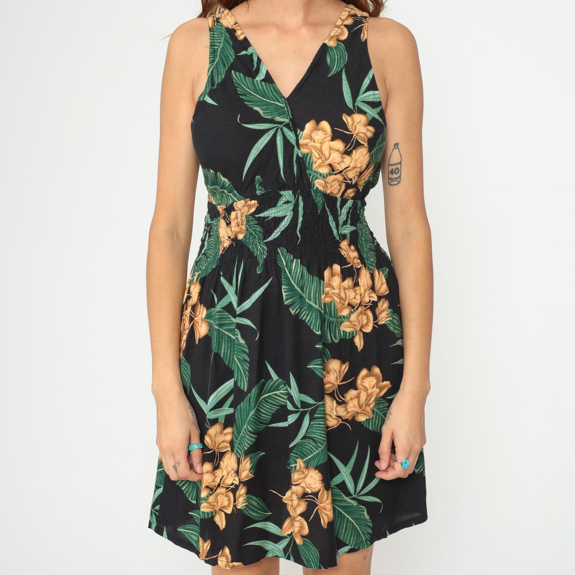 Y2K Hula Bay Tropical Floral Mini Dress Black Rayon V-Neck Large L