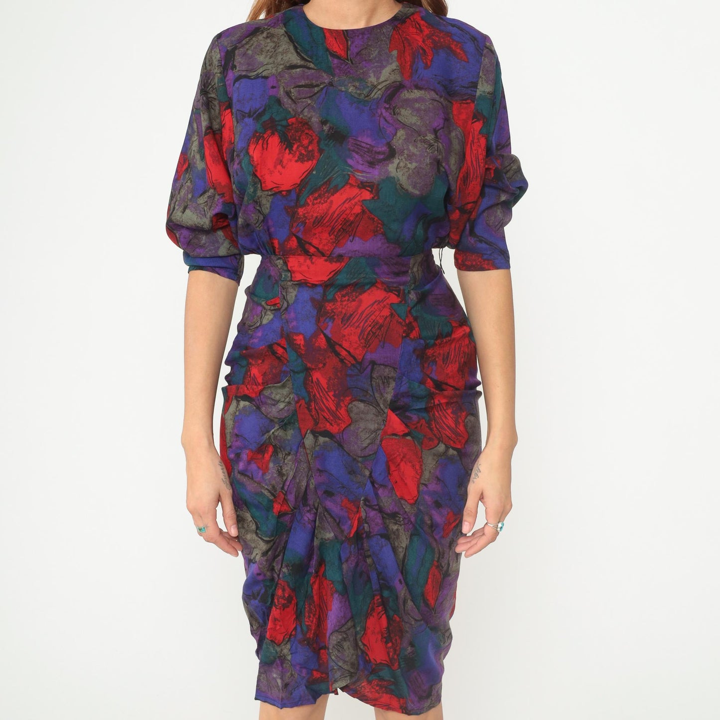 90s All That Jazz Floral Midi Dress Dolman Sleeve Rayon Purple Extra Small XS