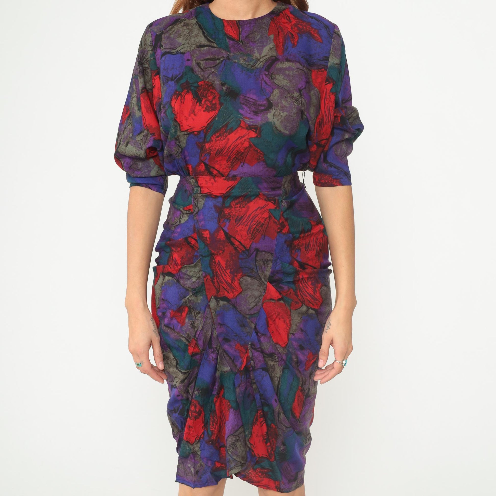 90s All That Jazz Floral Midi Dress Dolman Sleeve Rayon Purple Extra Small XS
