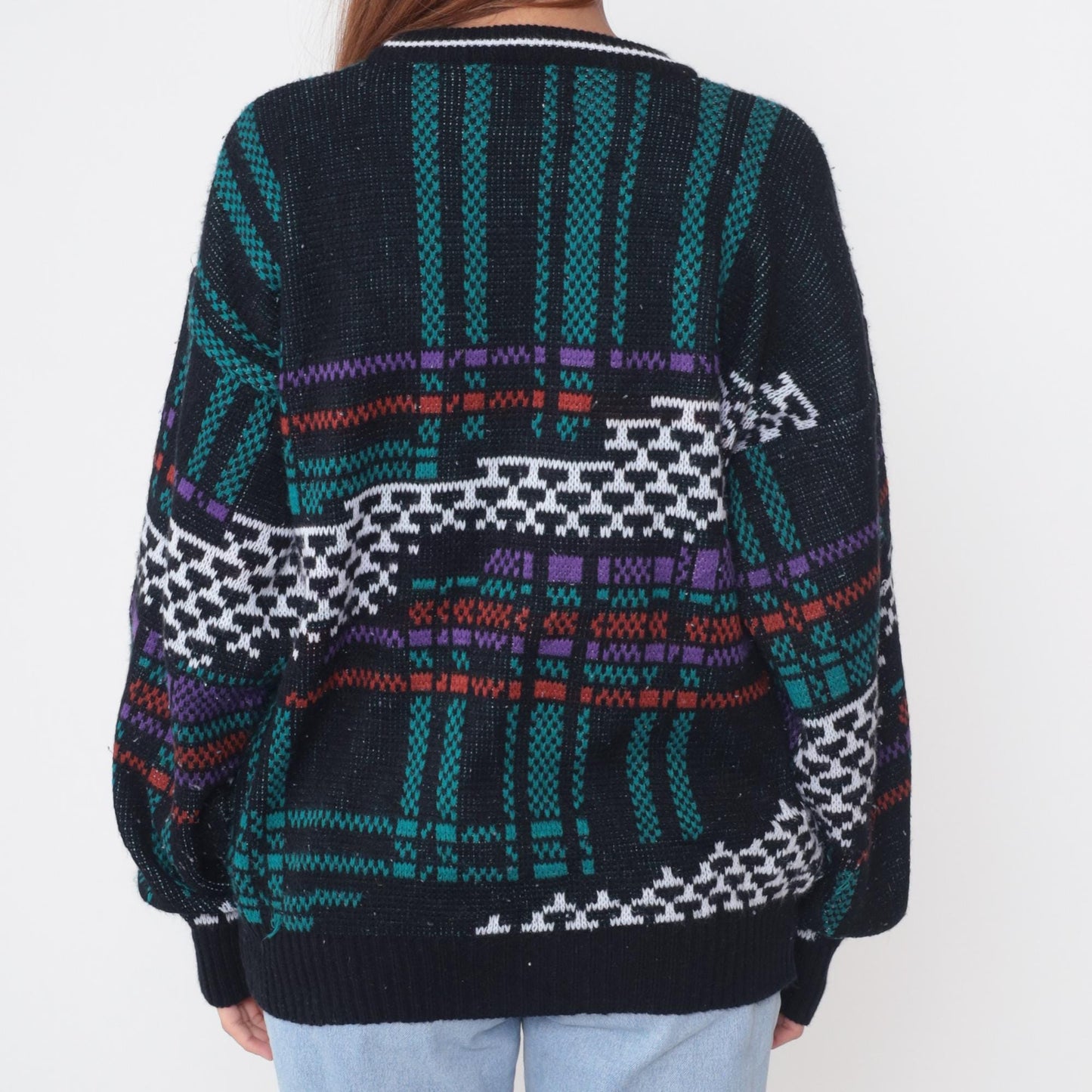 80s Weeds Tribal Geometric Sweater Black Teal Purple Crew Neck Extra Large