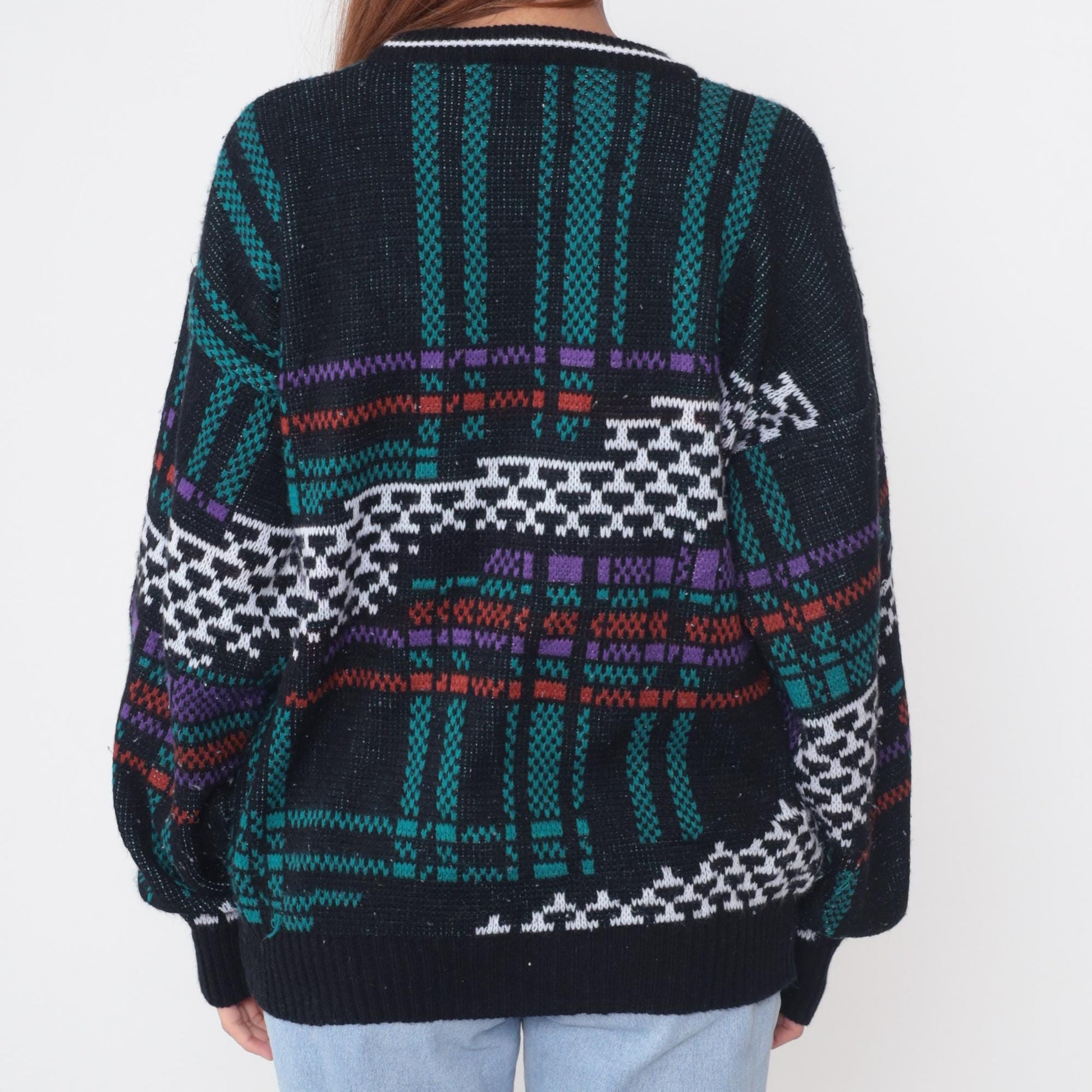 80s Weeds Tribal Geometric Sweater Black Teal Purple Crew Neck Extra Large