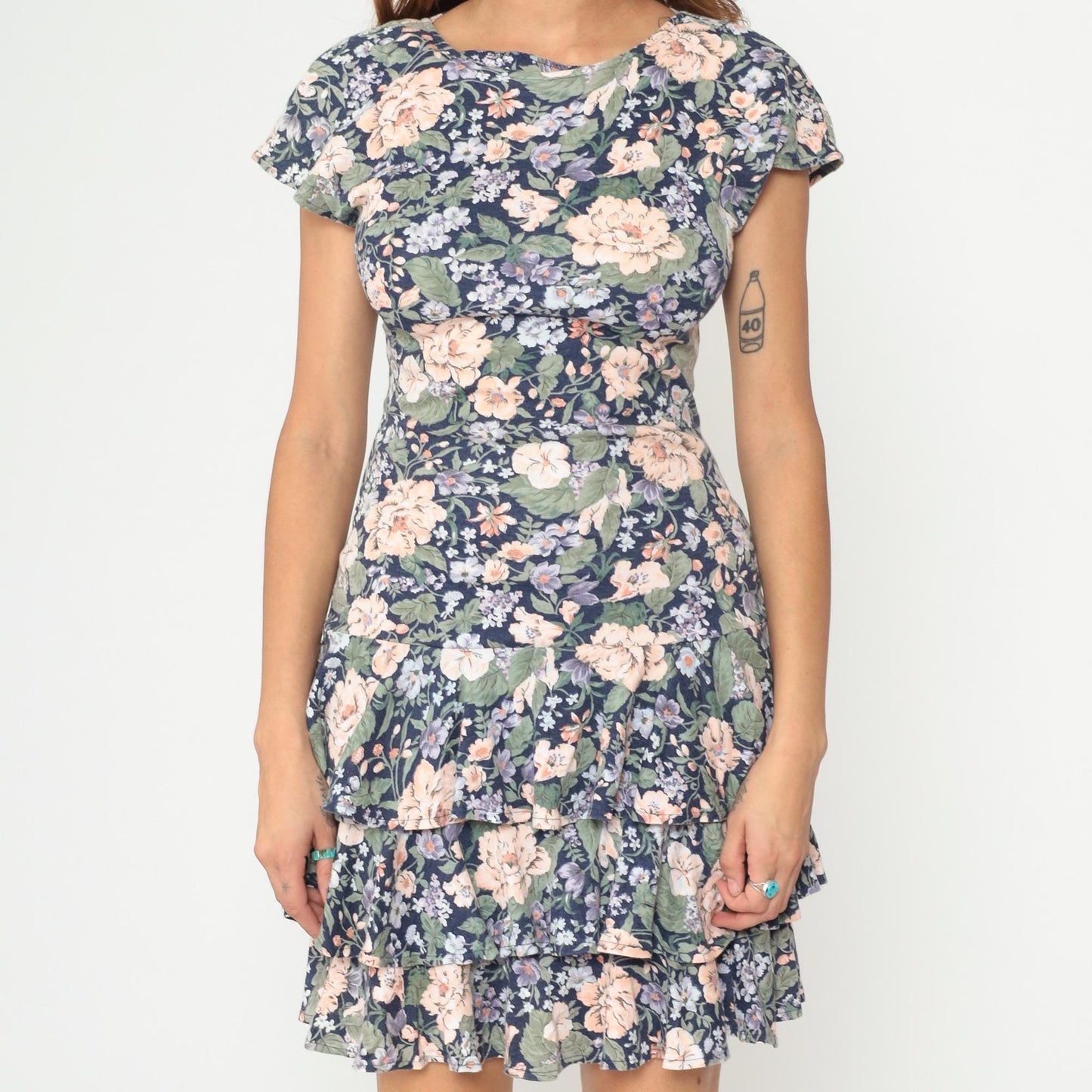 90s Floral Mini Dress Navy Peach Green Open Back Cap Sleeve Small