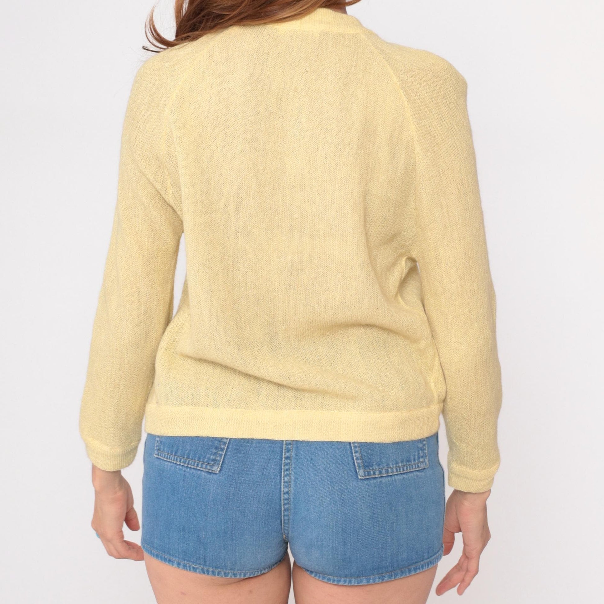 70s Wool Cardigan Pale Yellow Ribbed Knit Open Front Small S