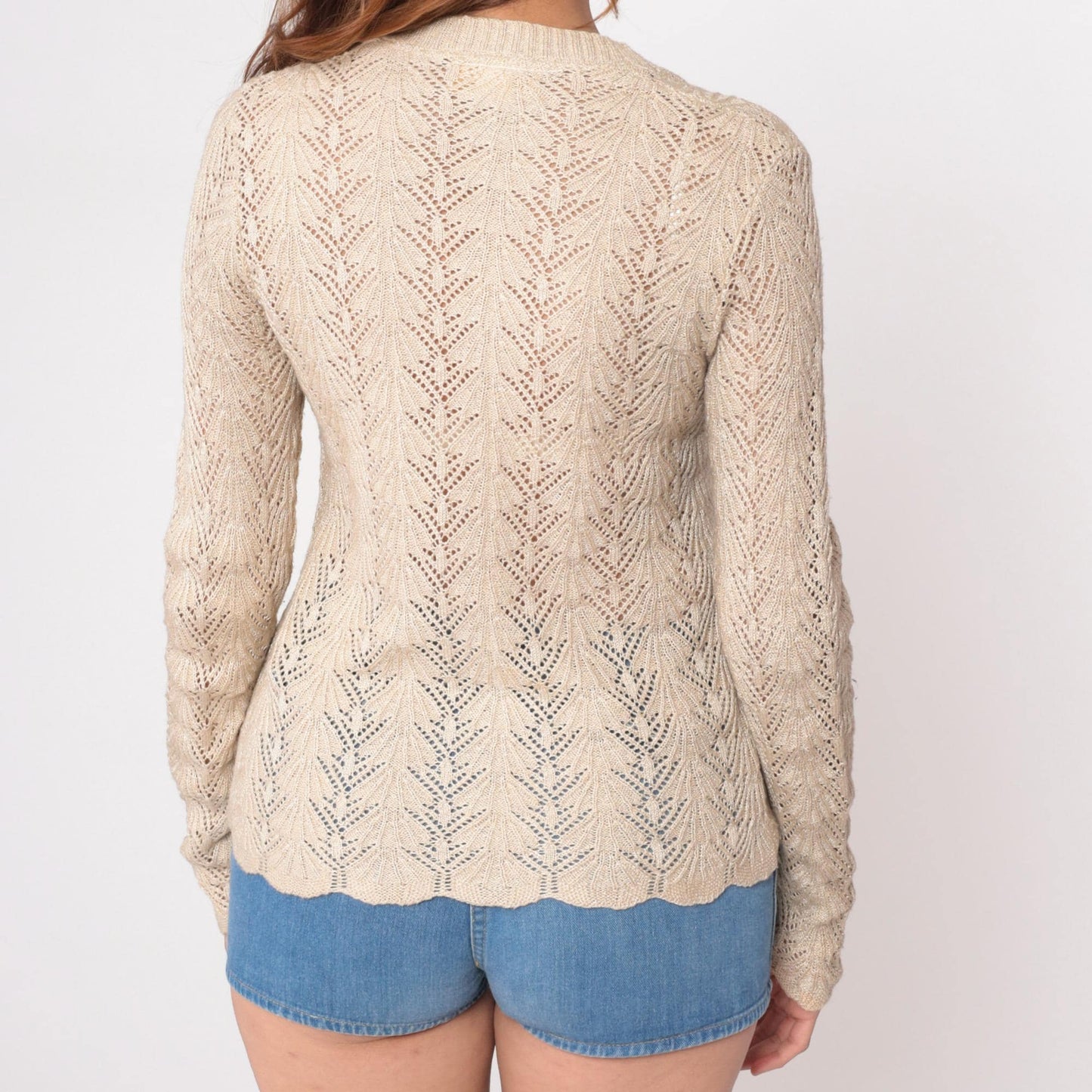 80s Vivanti Pointelle Sweater Cream Cotton V-Neck Chevron Knit Medium M