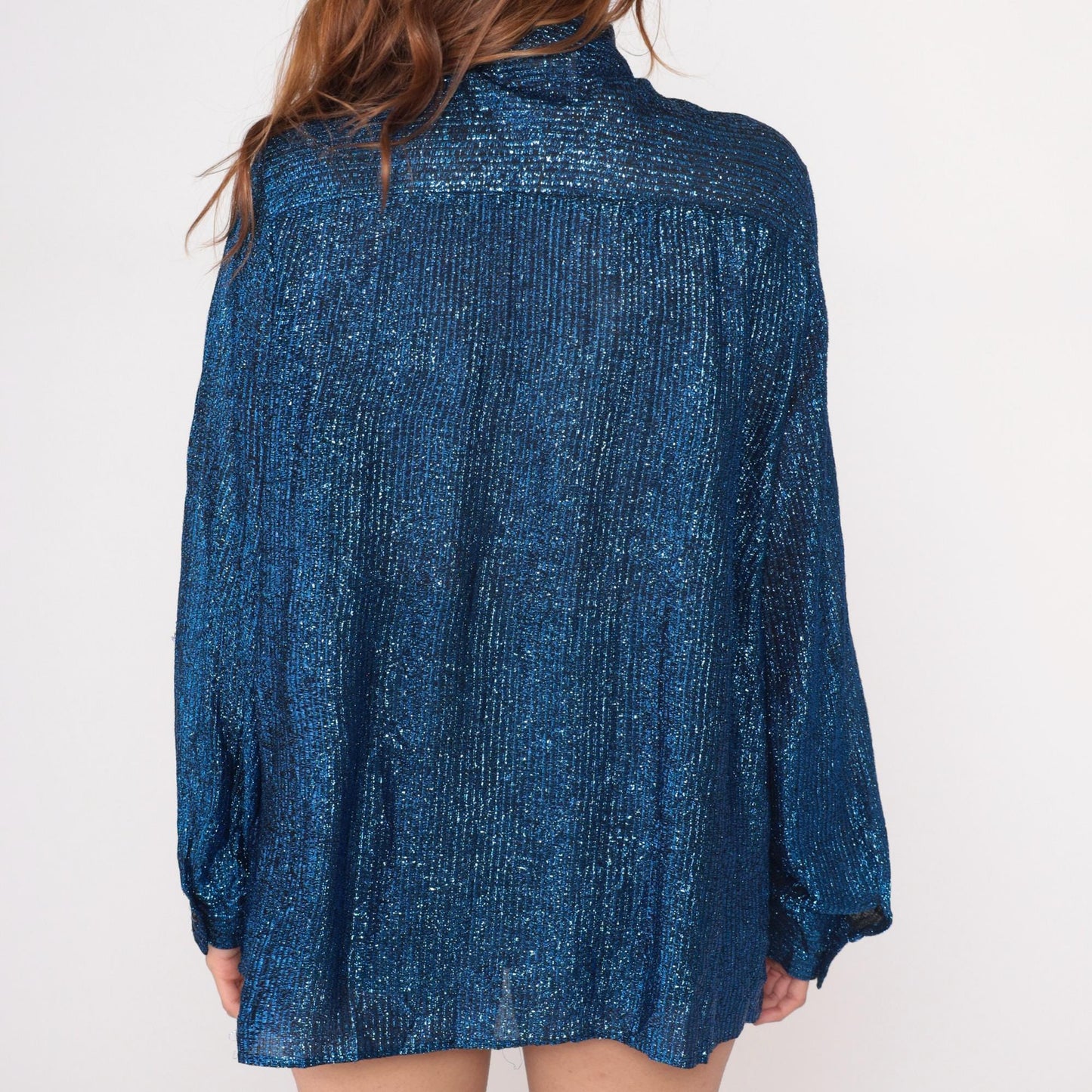 70s Metallic Blue Disco Shirt Long Sleeve Button Front Large L
