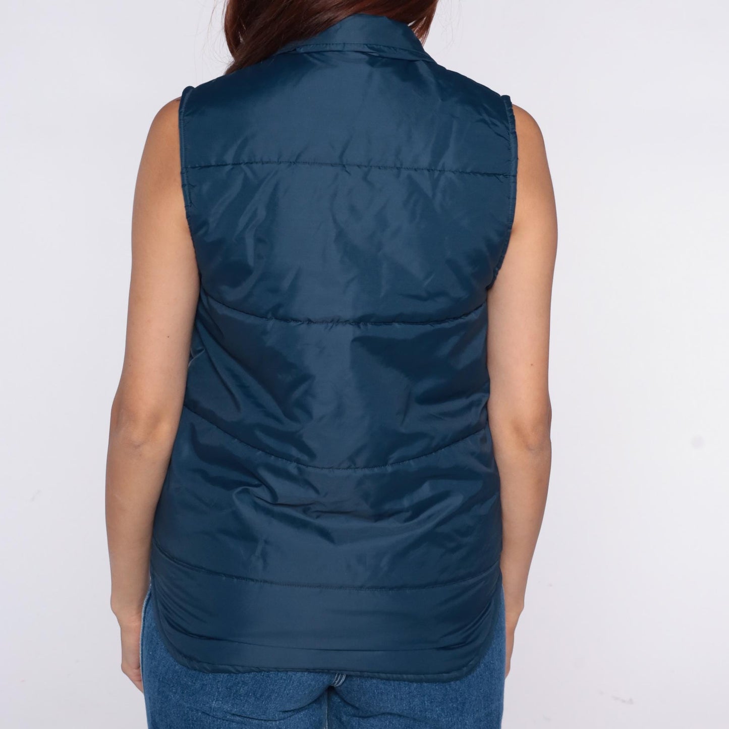 70s Pla-Jac Quilted Ski Vest Teal Snap Collar Sleeveless Medium