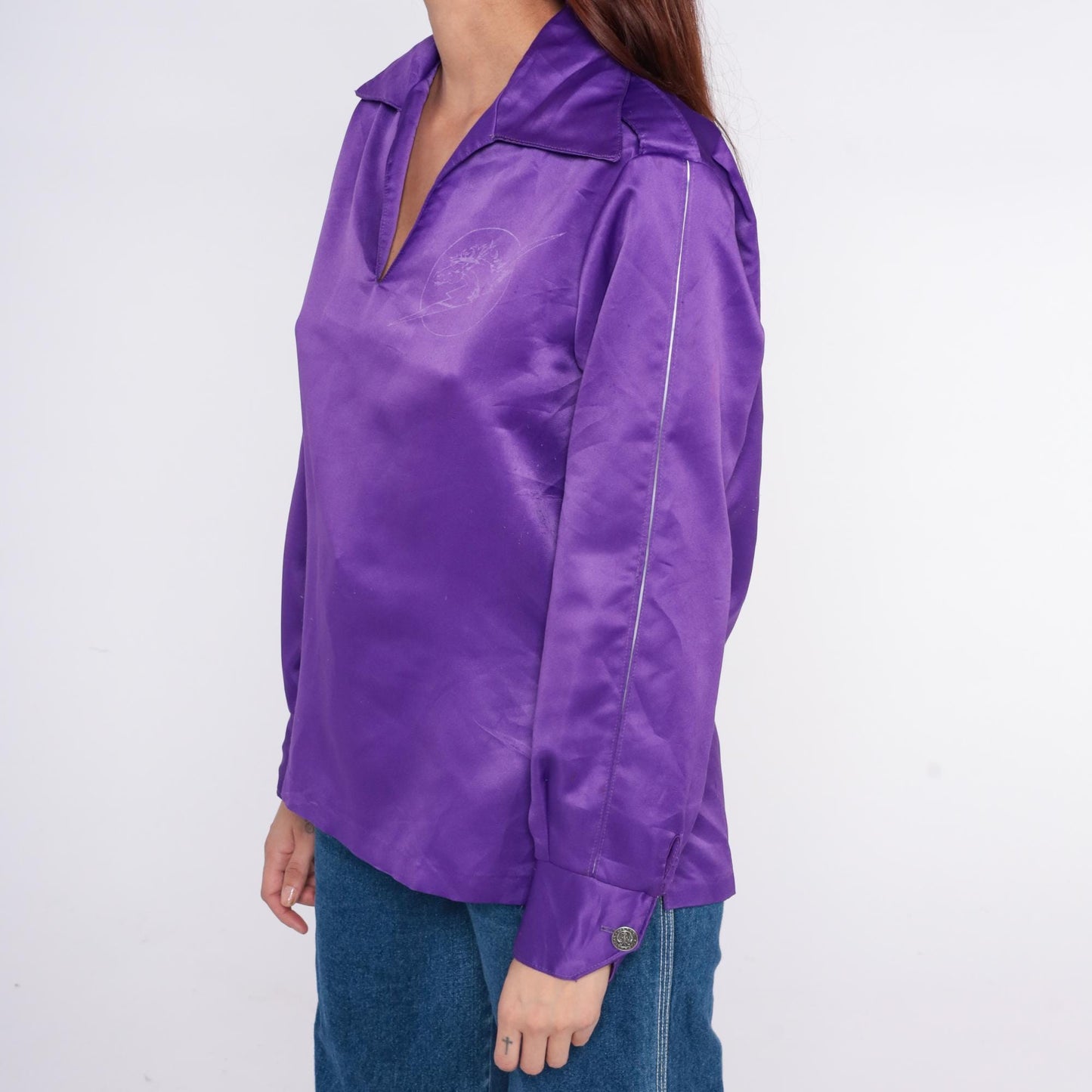 70s Daels Hawaii Purple Satin Polo Shirt Mustang Lightning Embroidered Small