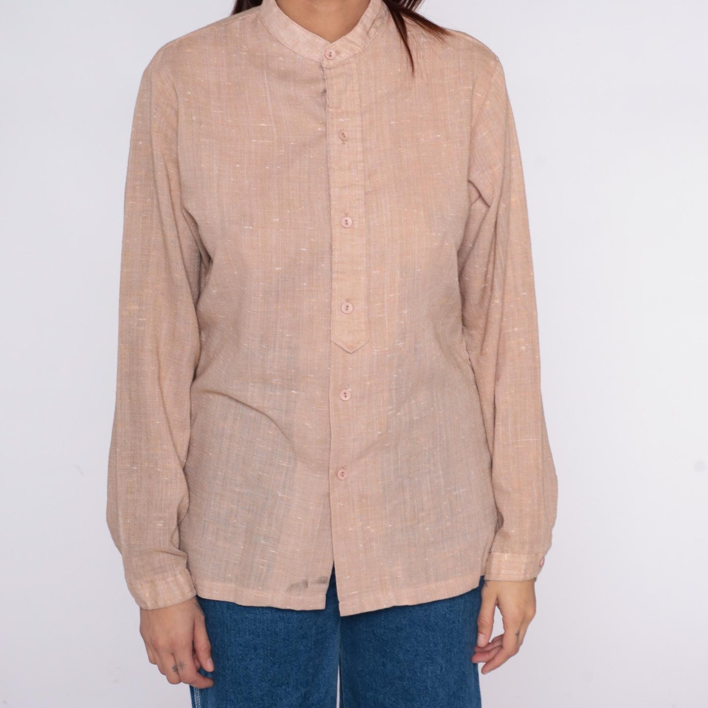 70s Mar Vista Cream Button-Up Blouse Band Collar Long Sleeve Medium