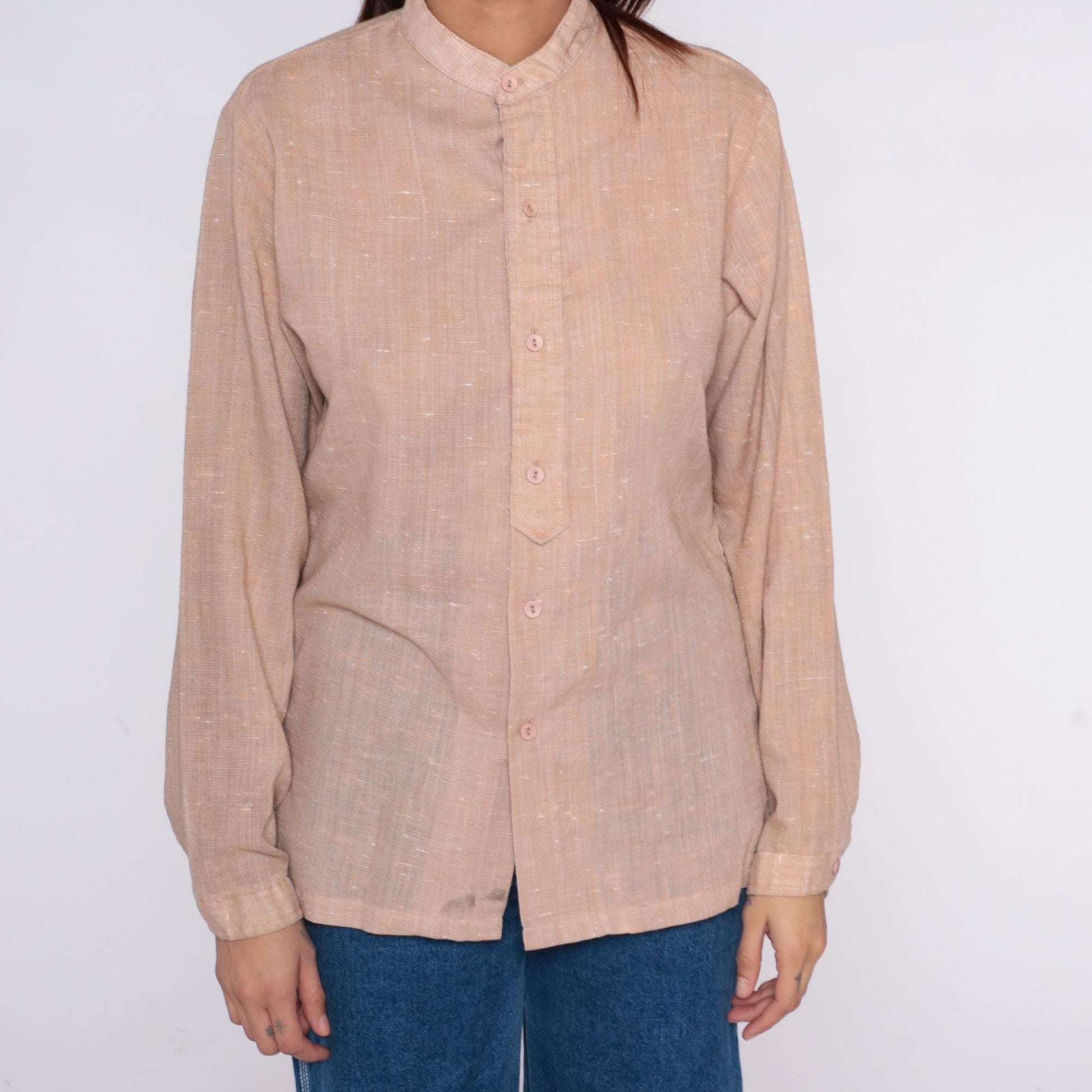 70s Mar Vista Cream Button-Up Blouse Band Collar Long Sleeve Medium