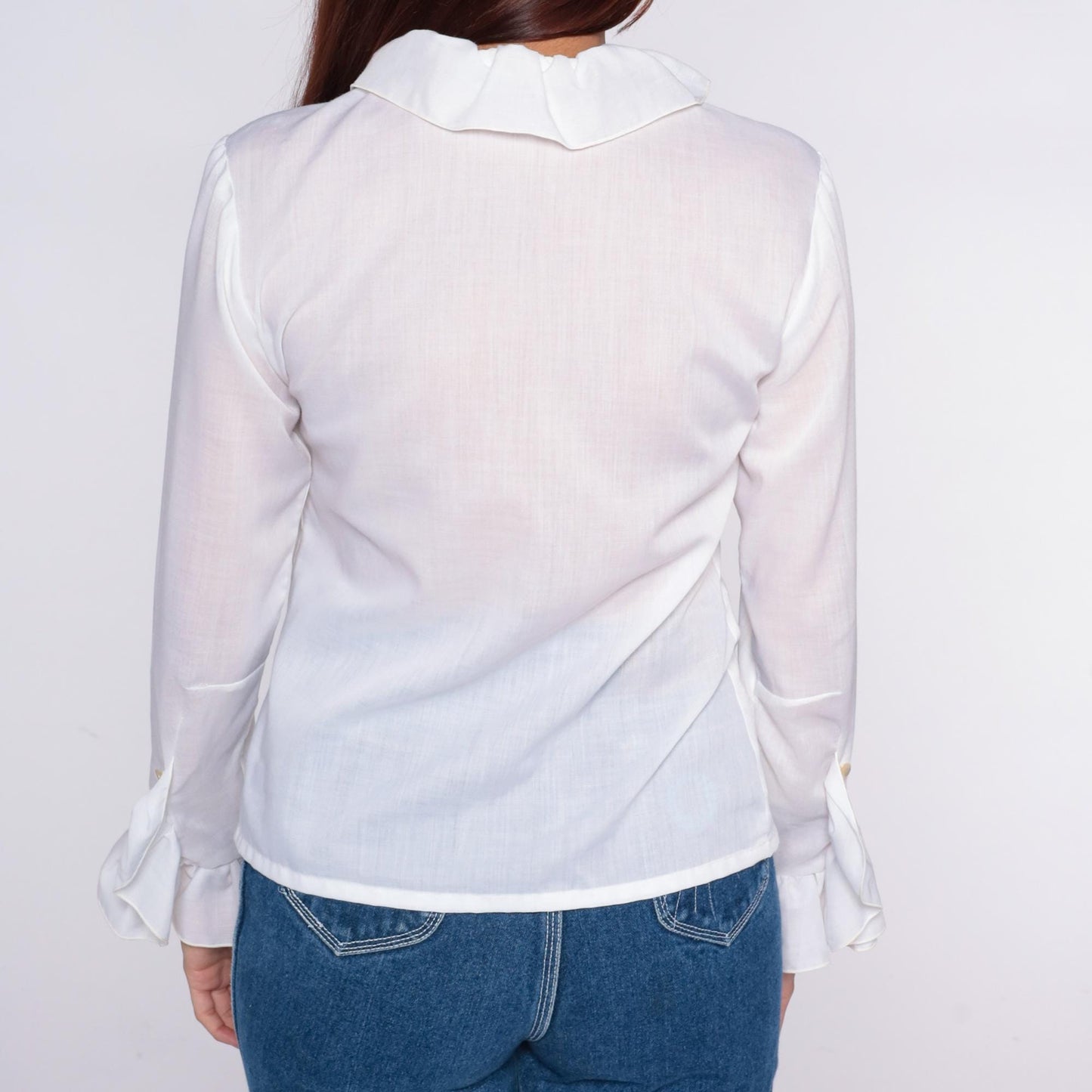 70s Fritzi White Ruffled Collar Cotton Blouse Medium M