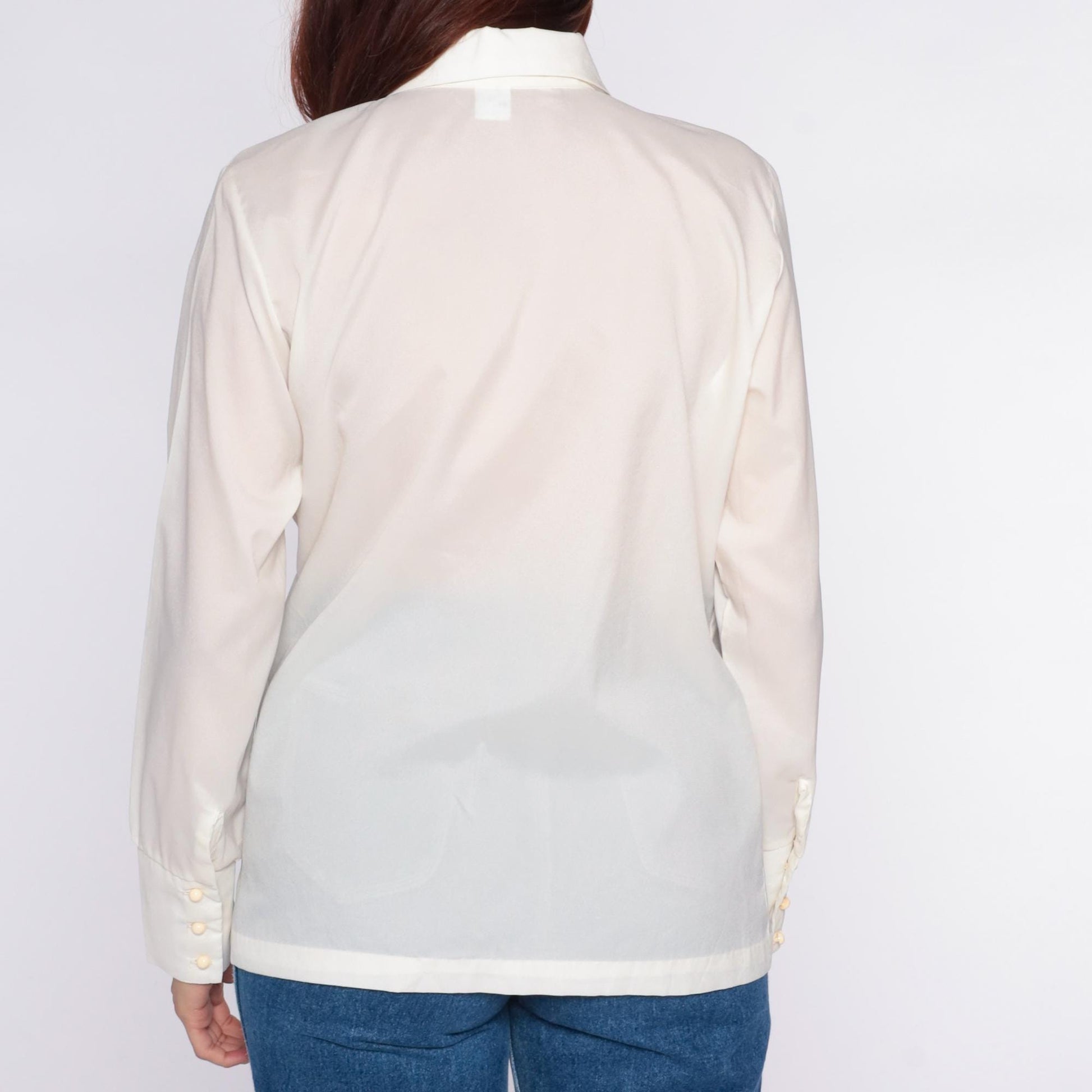 70s Cream Pointed Collar Button-Up Shirt Long Sleeve Semi-Sheer Medium