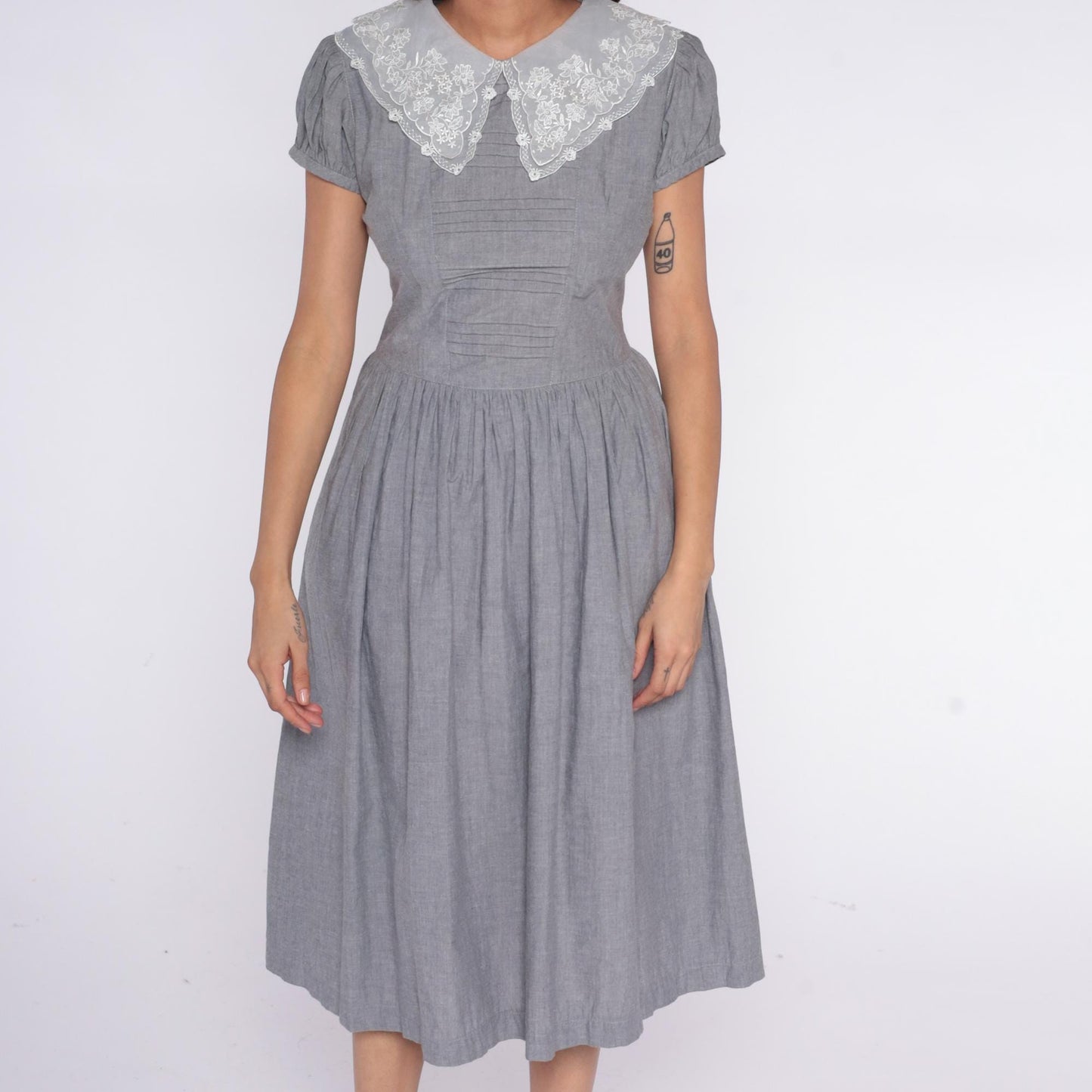 80s Grey Maxi Dress White Lace Collar Puff Sleeve Pintuck Medium M
