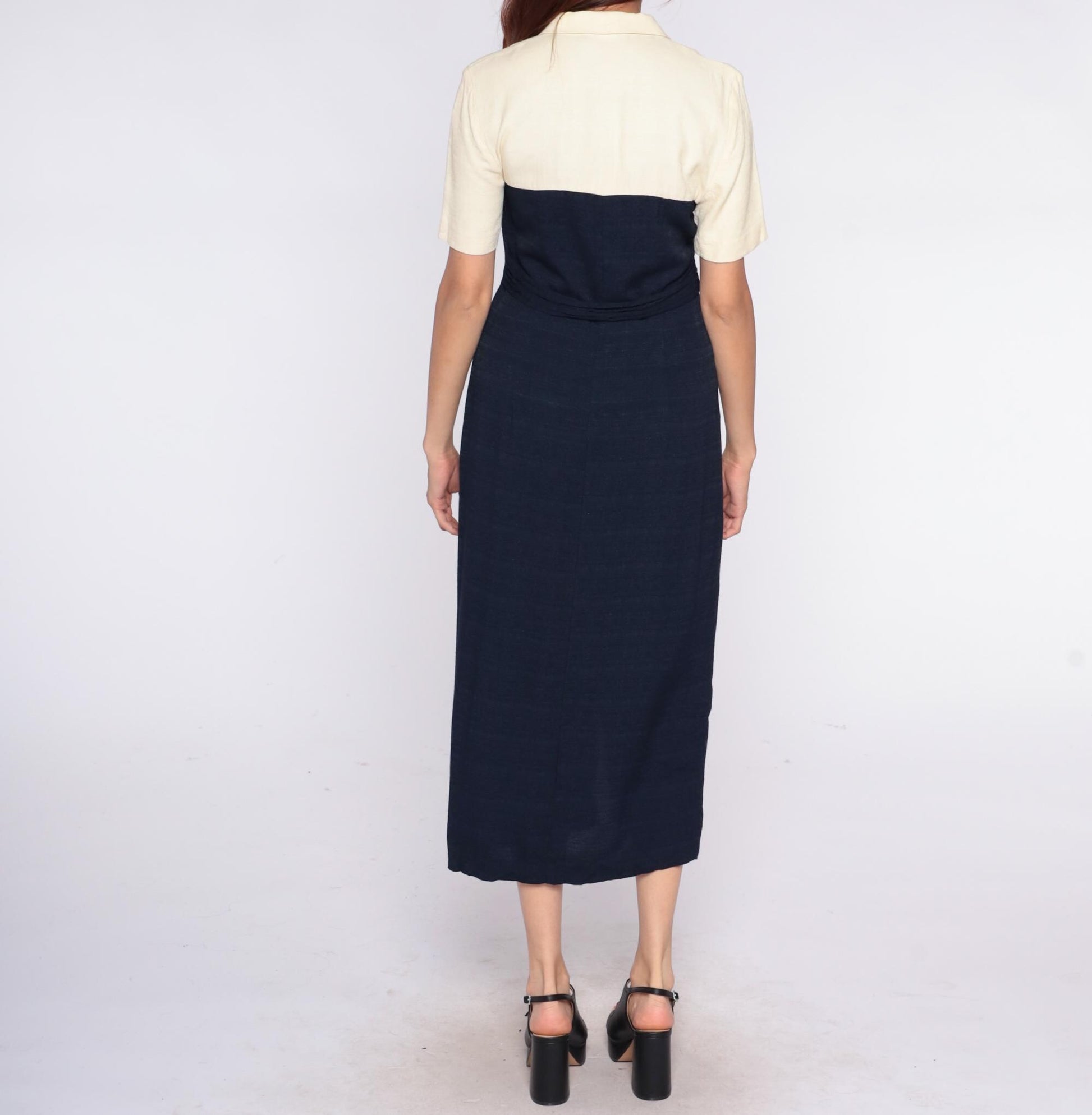 90s Dressbarn Color Block Midi Dress Cream Navy Collared Small