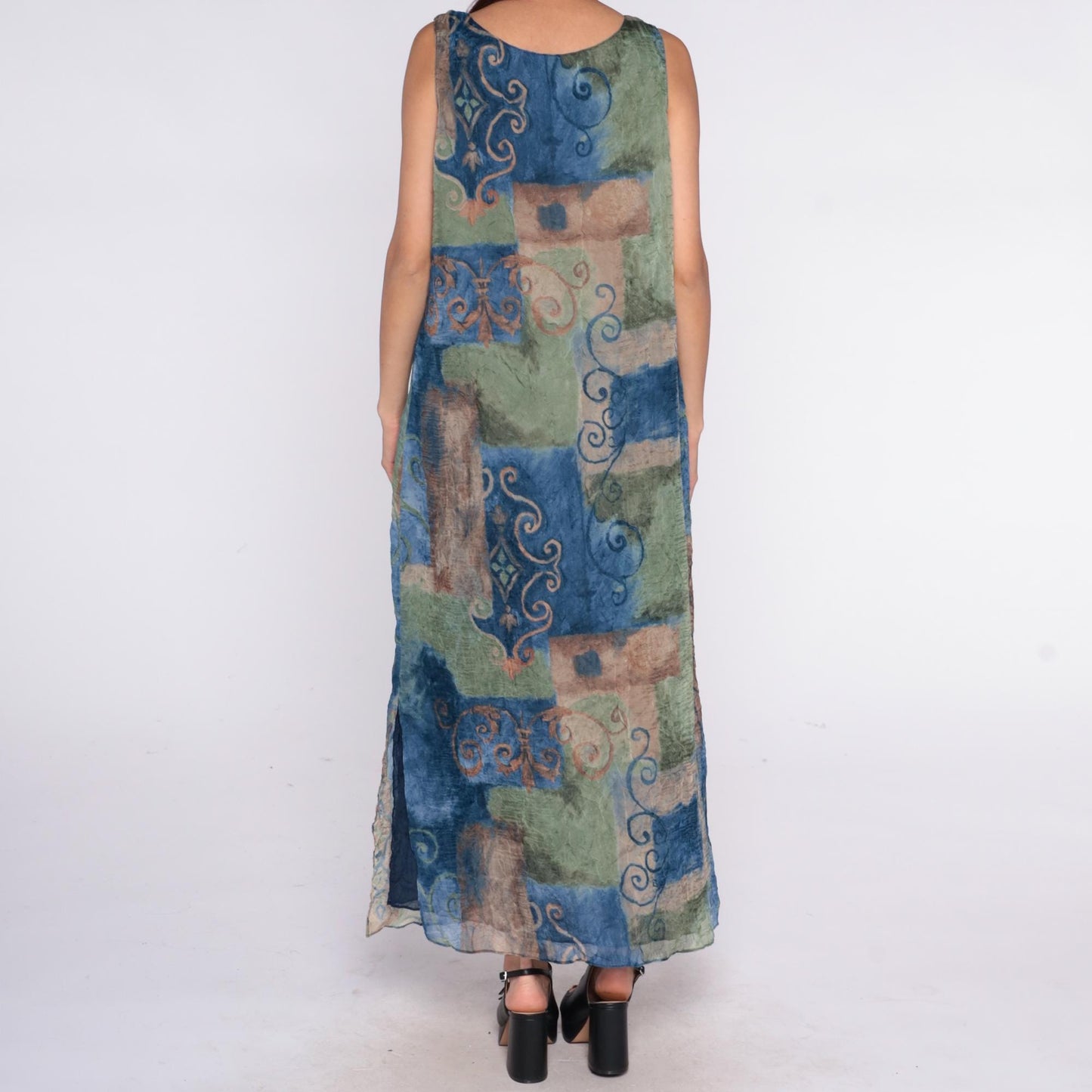 90s Nina Piccaino Patchwork Maxi Dress Sleeveless Blue Green Tan Medium