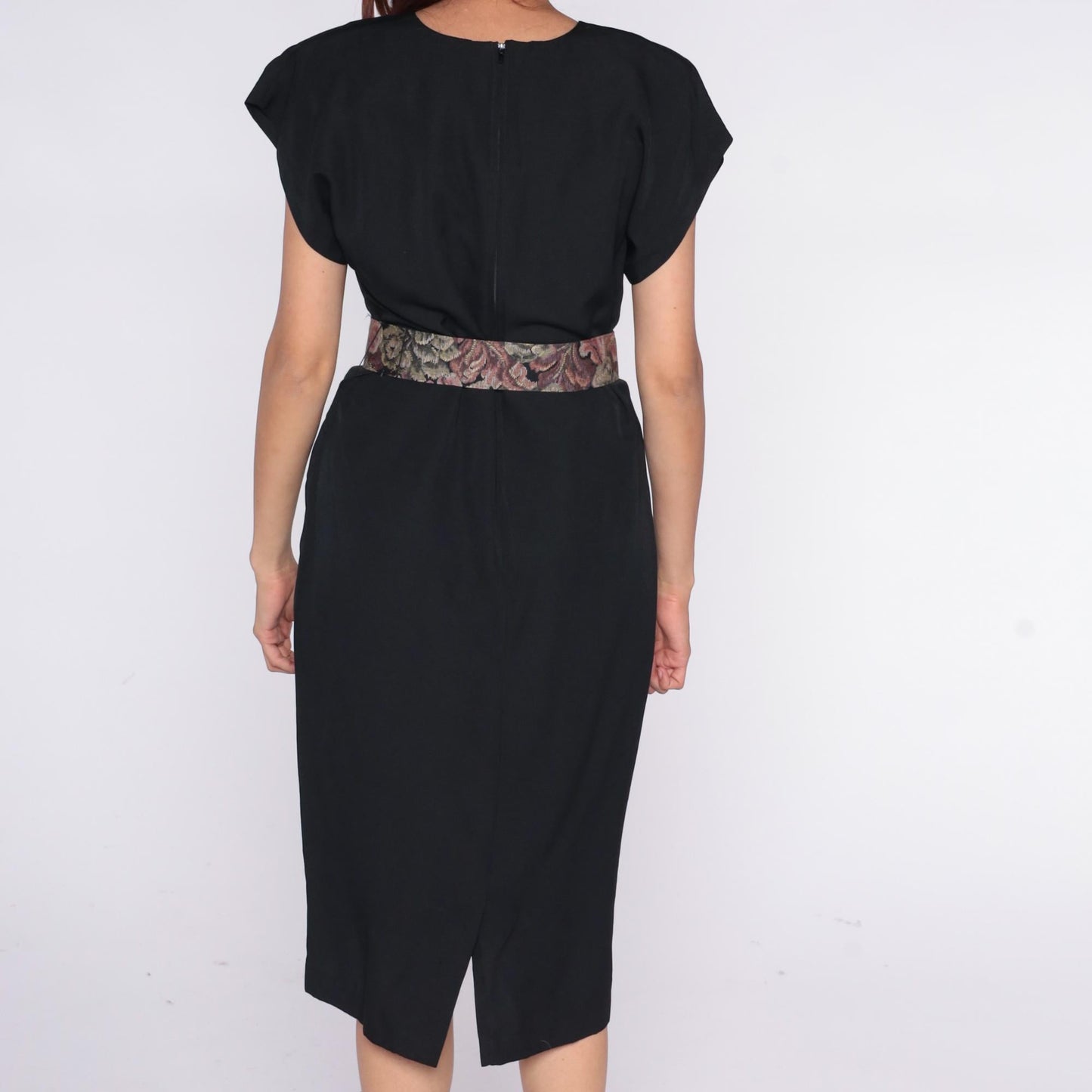 90s Black Midi Dress Crew Neck Cap Sleeve Shift Belted Medium